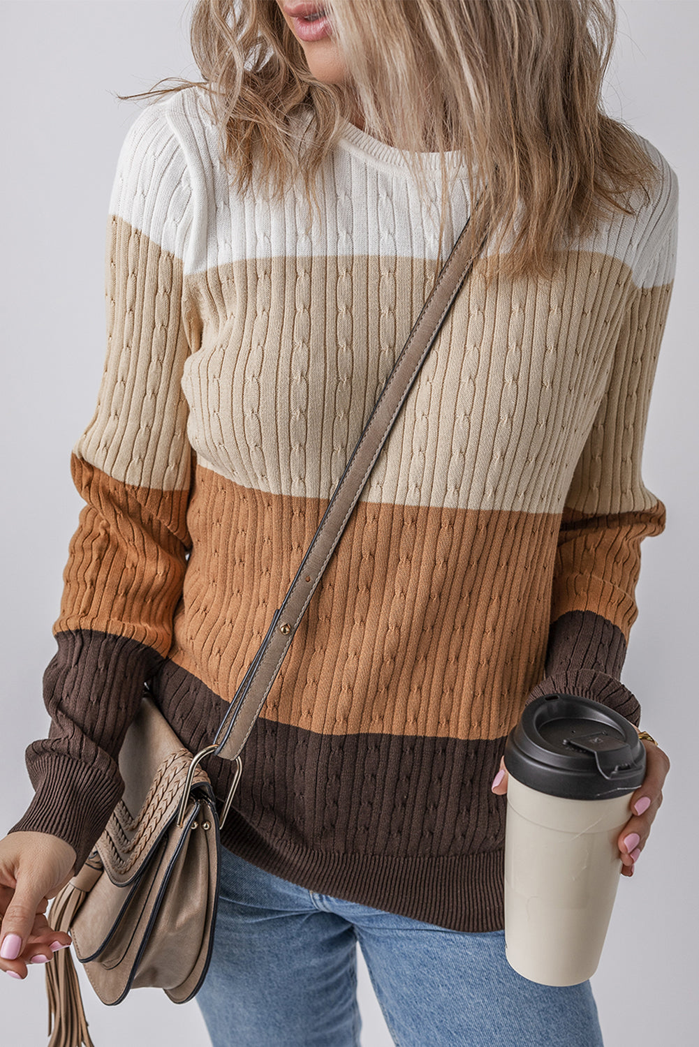 Khaki Colorblock Cable Knit Round Neck Sweater-TOPS / DRESSES-[Adult]-[Female]-2022 Online Blue Zone Planet