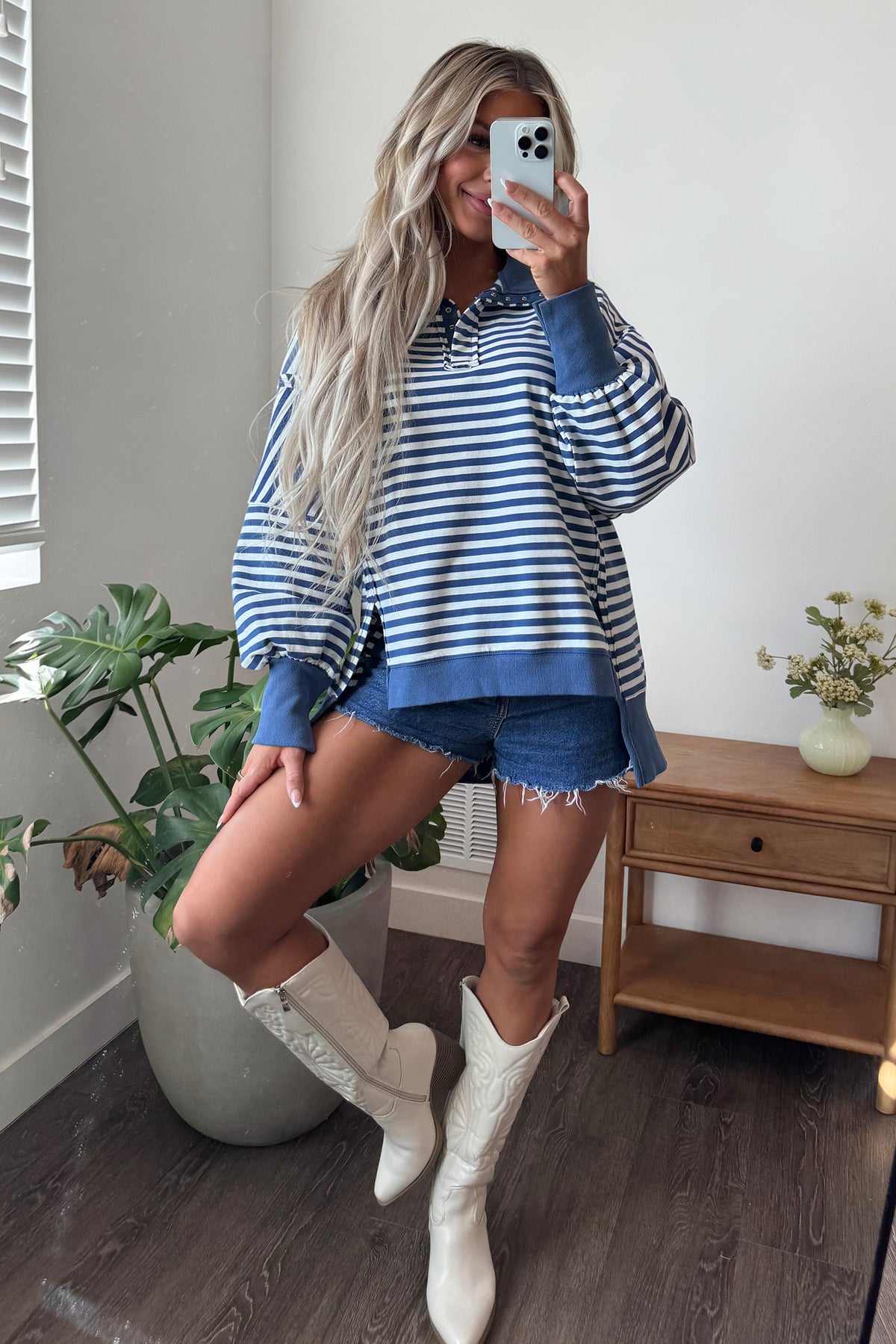 Blue Stripe Color Block Trim Raw Seam Split Hem Loose Pullover Sweatshirt-Tops/Sweatshirts & Hoodies-[Adult]-[Female]-2022 Online Blue Zone Planet