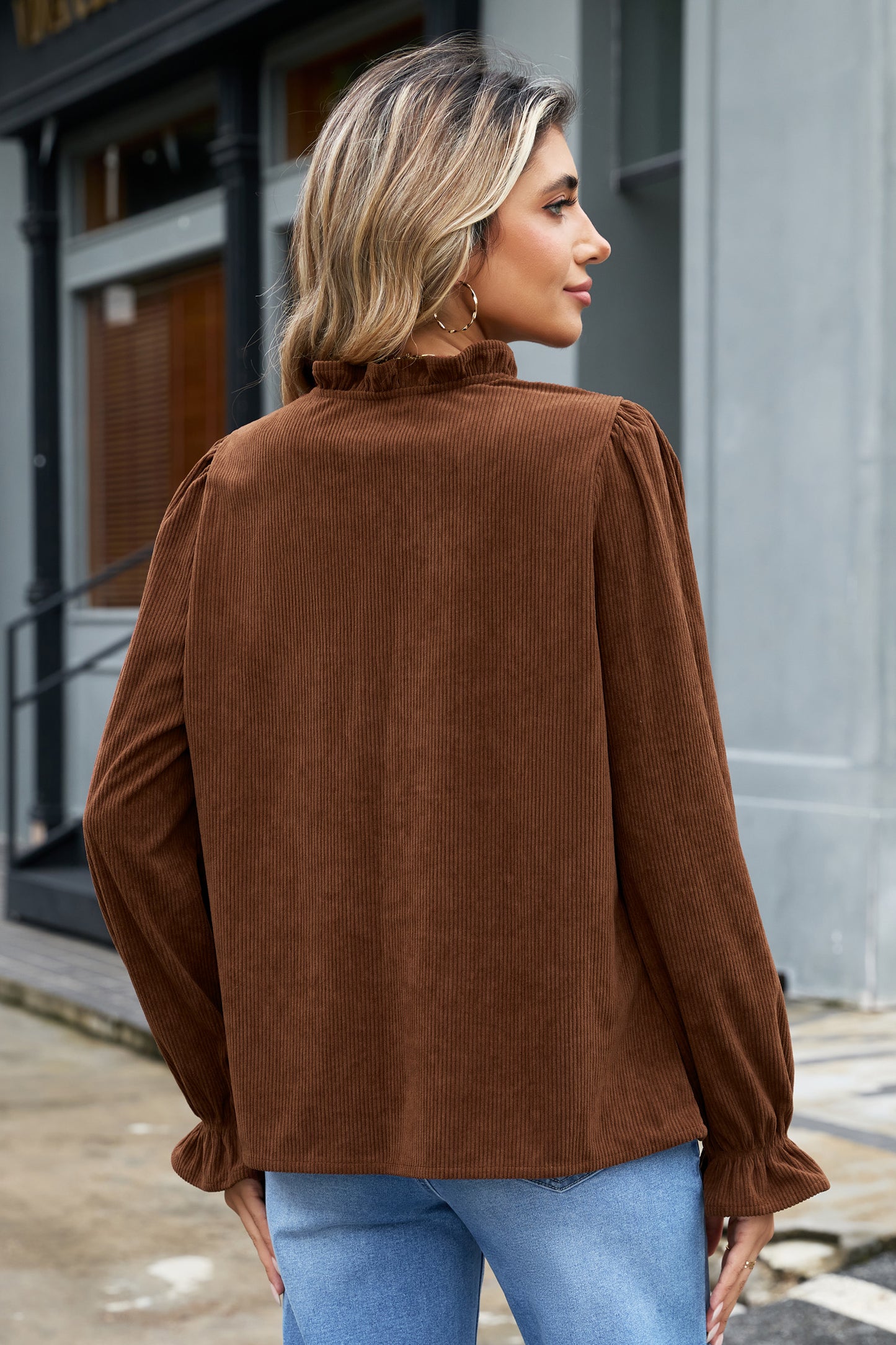 Coffee Solid Color Ruffle Trim V Neck Long Sleeve Button Corduroy Shakcet-Outerwear/Jackets-[Adult]-[Female]-2022 Online Blue Zone Planet