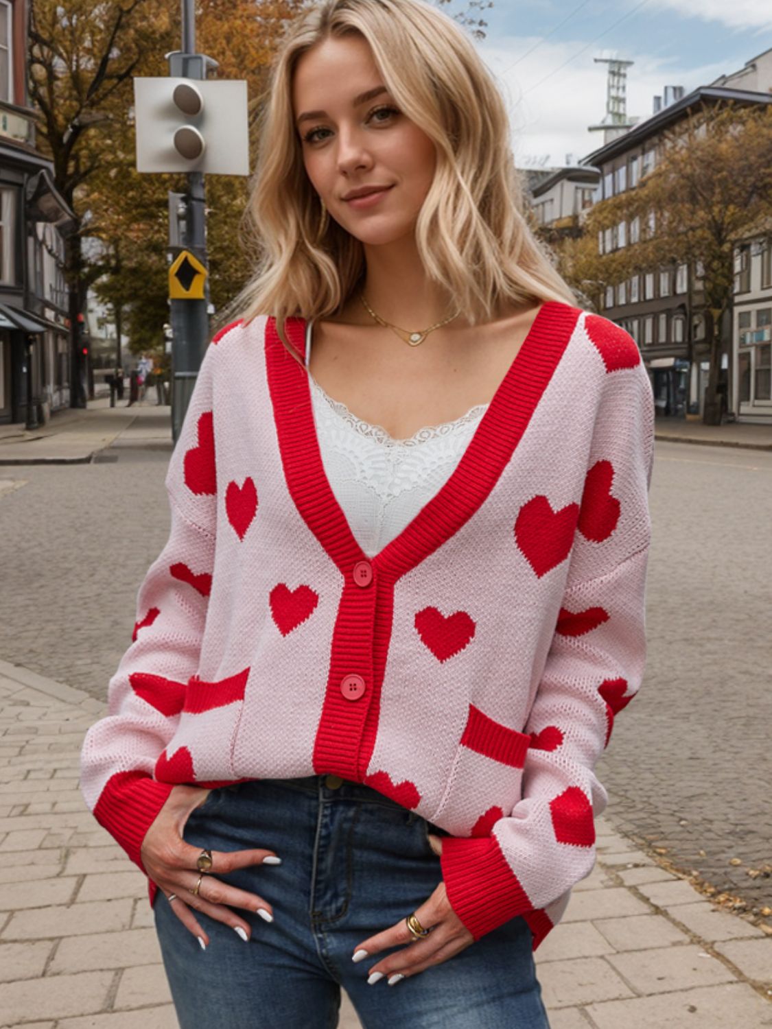 Heart Button Up Dropped Shoulder Long Sleeve Cardigan-TOPS / DRESSES-[Adult]-[Female]-Blush Pink-S-2022 Online Blue Zone Planet