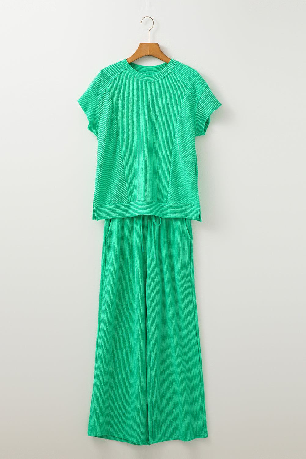 Blue Zone Planet | Bright Green Solid Corded Knit Short Sleeve T Shirt and Wide Leg Pants Set-Two Piece Sets/Pant Sets-[Adult]-[Female]-2022 Online Blue Zone Planet