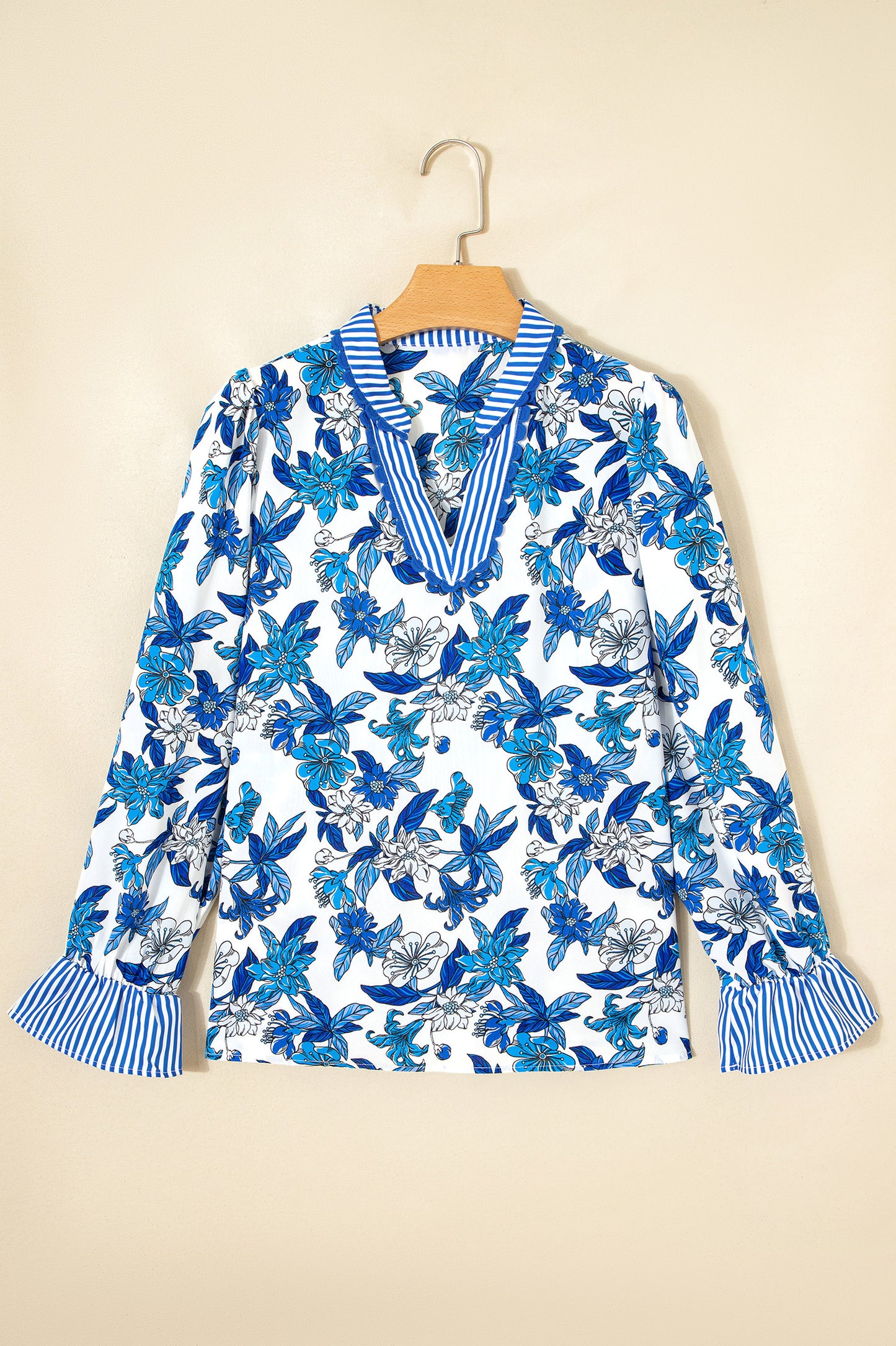 Sky Blue Floral Print Striped Patchwork Long Flounce Sleeve Ricrac Trim V Neck Blouse-Tops/Blouses & Shirts-[Adult]-[Female]-2022 Online Blue Zone Planet