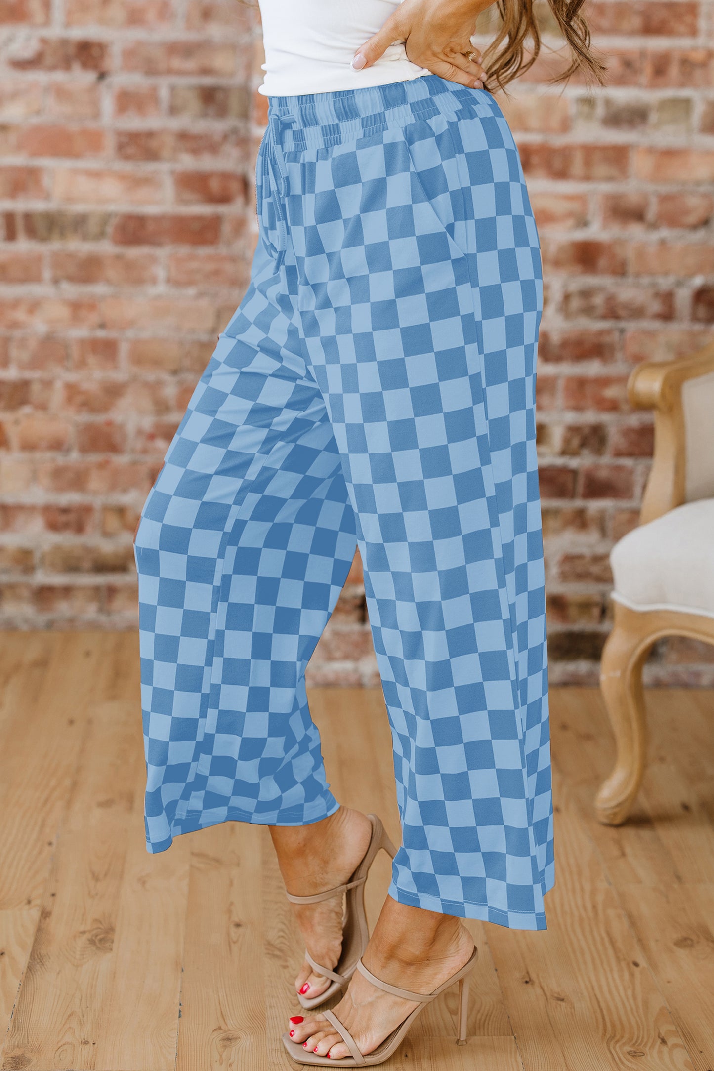 Sky Blue Checkered Elastic High Waist Loose Casual Pants-Bottoms/Pants & Culotte-[Adult]-[Female]-2022 Online Blue Zone Planet