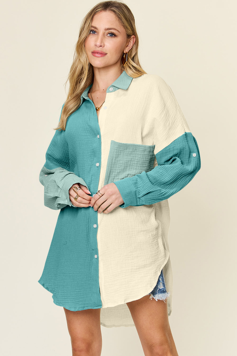 Double Take Full Size Pocketed Texture Button Up Shirt-TOPS / DRESSES-[Adult]-[Female]-2022 Online Blue Zone Planet