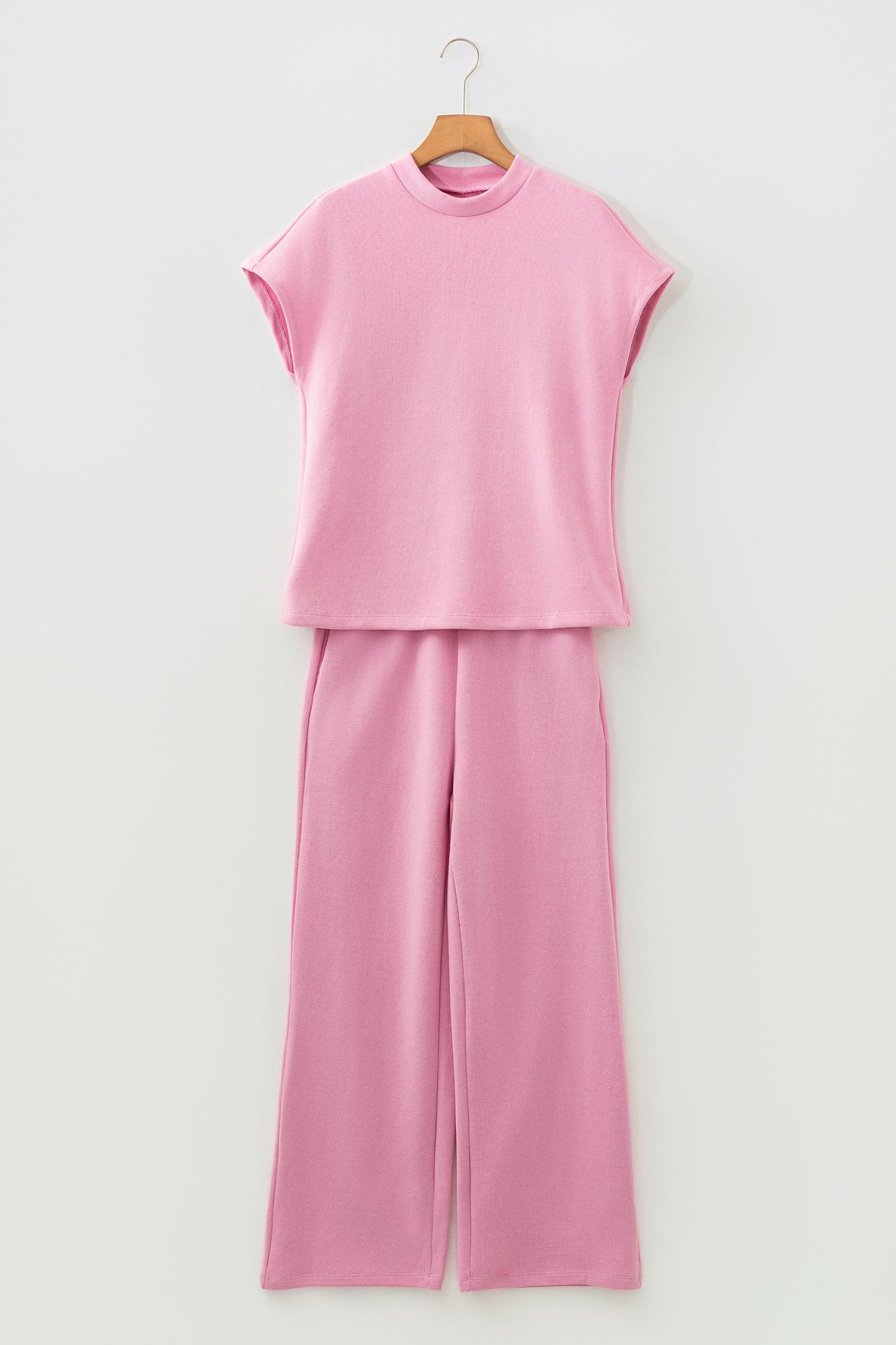 Pink Textured Knit High Neck Loose Tee Elastic Waist Loose Pant Set-Two Piece Sets/Pant Sets-[Adult]-[Female]-2022 Online Blue Zone Planet