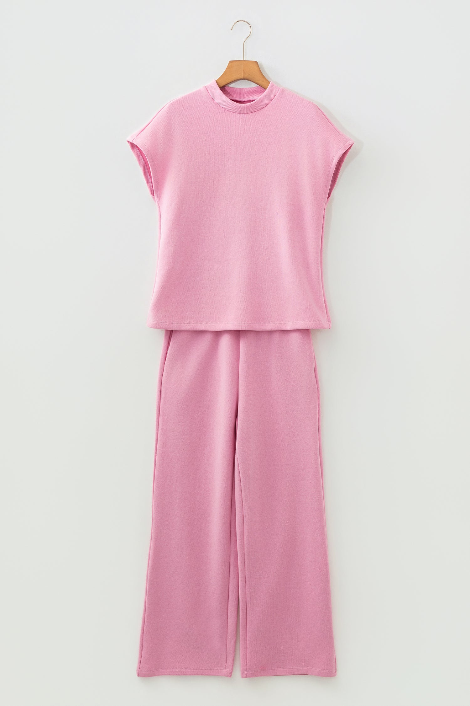 Pink Textured Knit High Neck Loose Tee Elastic Waist Loose Pant Set-Two Piece Sets/Pant Sets-[Adult]-[Female]-2022 Online Blue Zone Planet