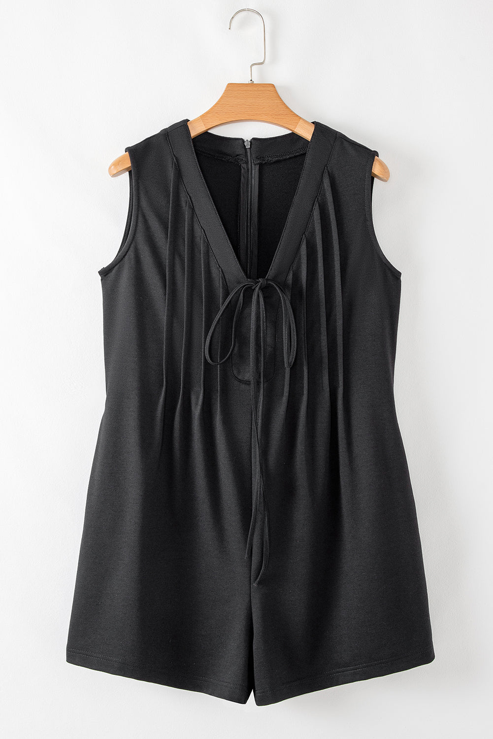 Black White Tie V Neck Pintuck Sleeveless Loose Romper-Bottoms/Jumpsuits & Rompers-[Adult]-[Female]-2022 Online Blue Zone Planet
