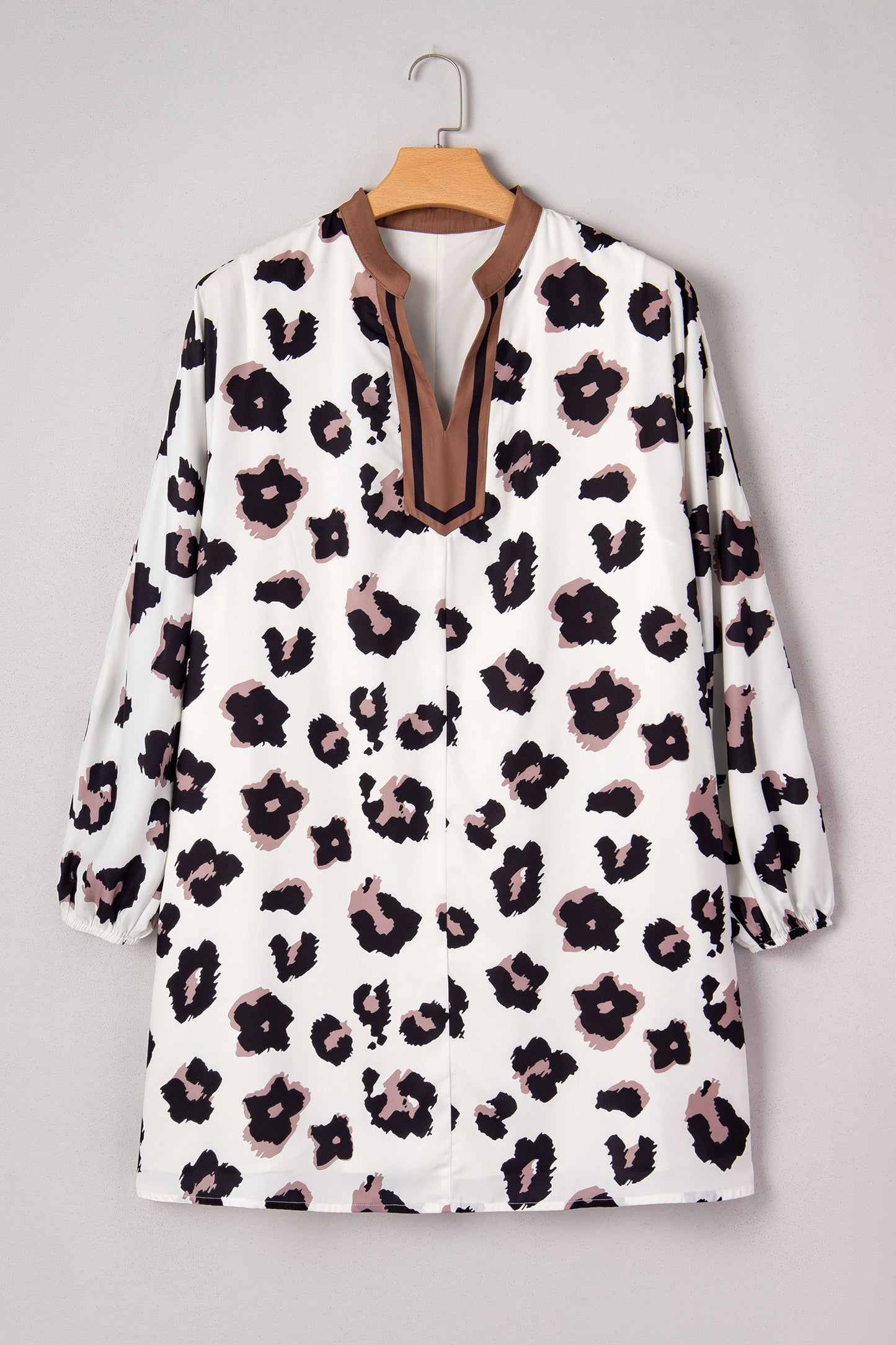 Khaki Leopard Print Contrast V Neck Plus Size Shift Mini Dress-TOPS / DRESSES-[Adult]-[Female]-2022 Online Blue Zone Planet