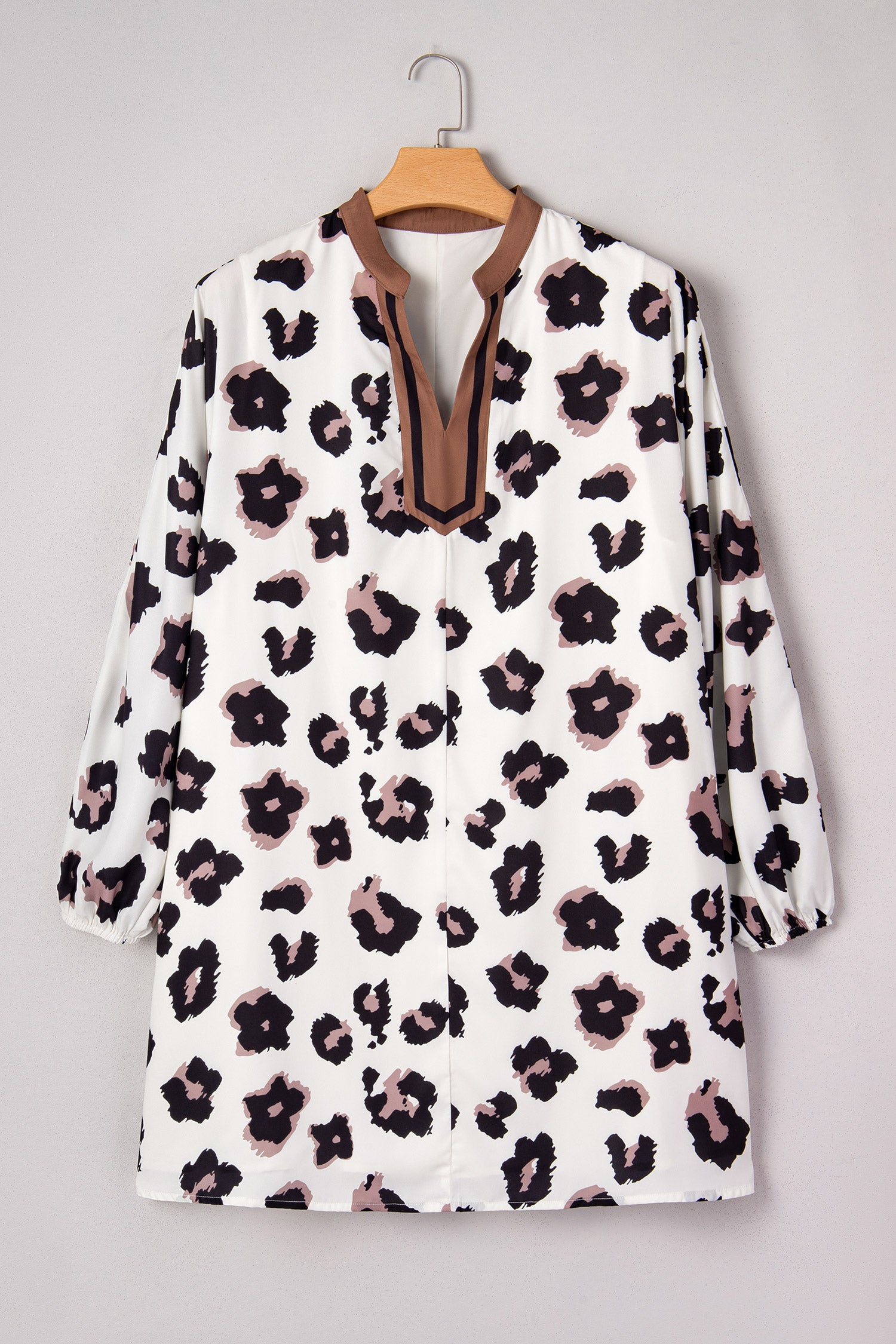 Khaki Leopard Print Contrast V Neck Plus Size Shift Mini Dress-TOPS / DRESSES-[Adult]-[Female]-2022 Online Blue Zone Planet