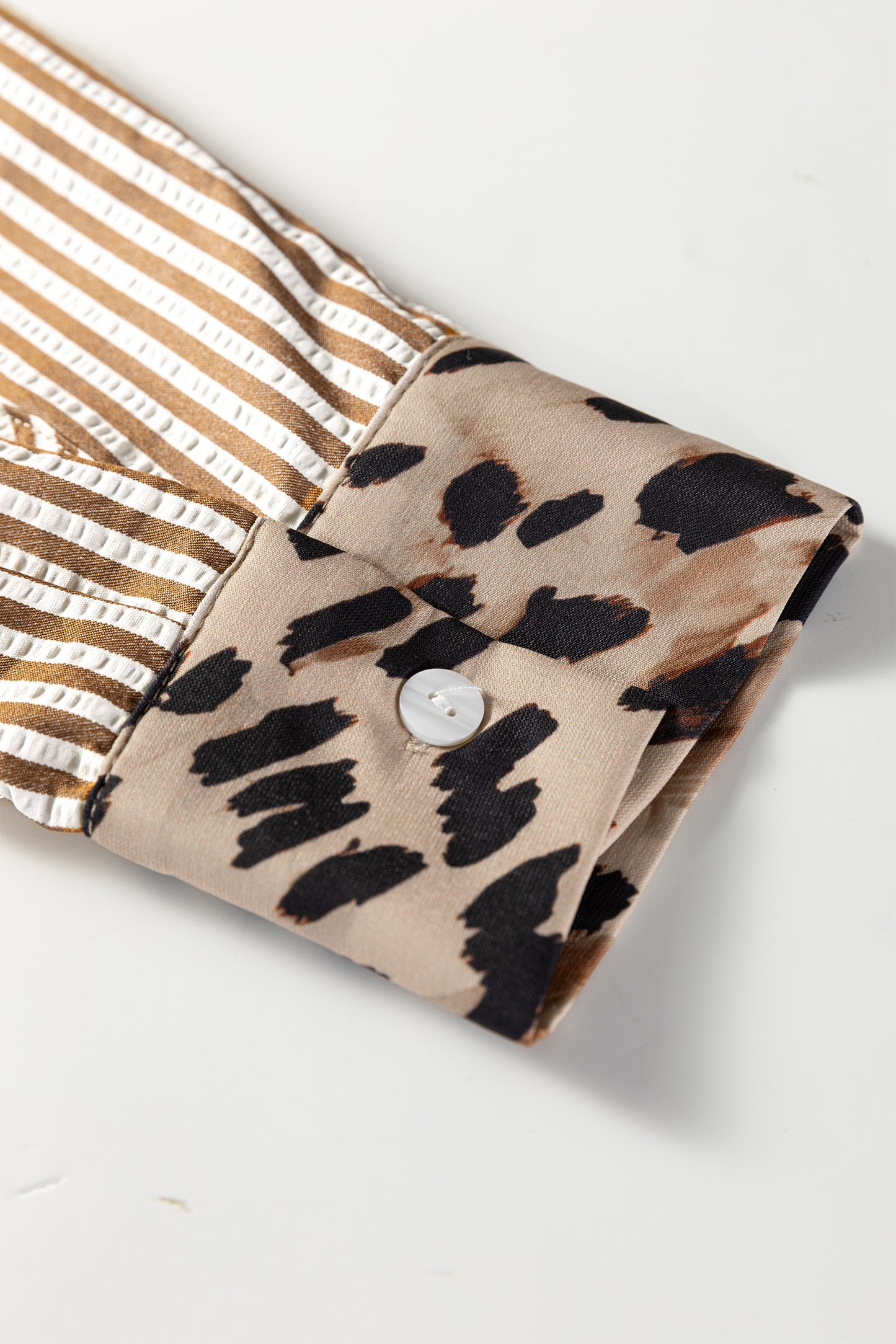 Brown Stripe Leopard Patched Collared Chest Pocket Cuffed Long Sleeve Plus Size Shirt-Plus Size/Plus Size Tops/Plus Size Blouses & Shirts-[Adult]-[Female]-2022 Online Blue Zone Planet