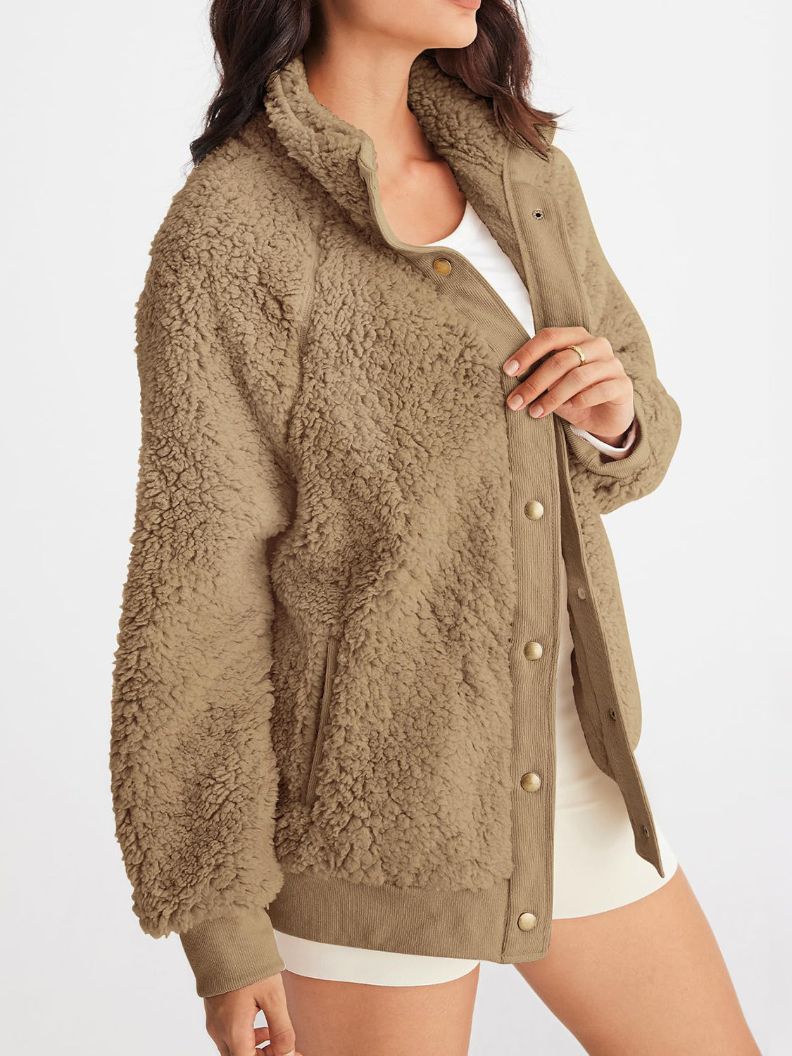 Full Size Teddy Snap Down Long Sleeve Jacket-TOPS / DRESSES-[Adult]-[Female]-Taupe-S-2022 Online Blue Zone Planet