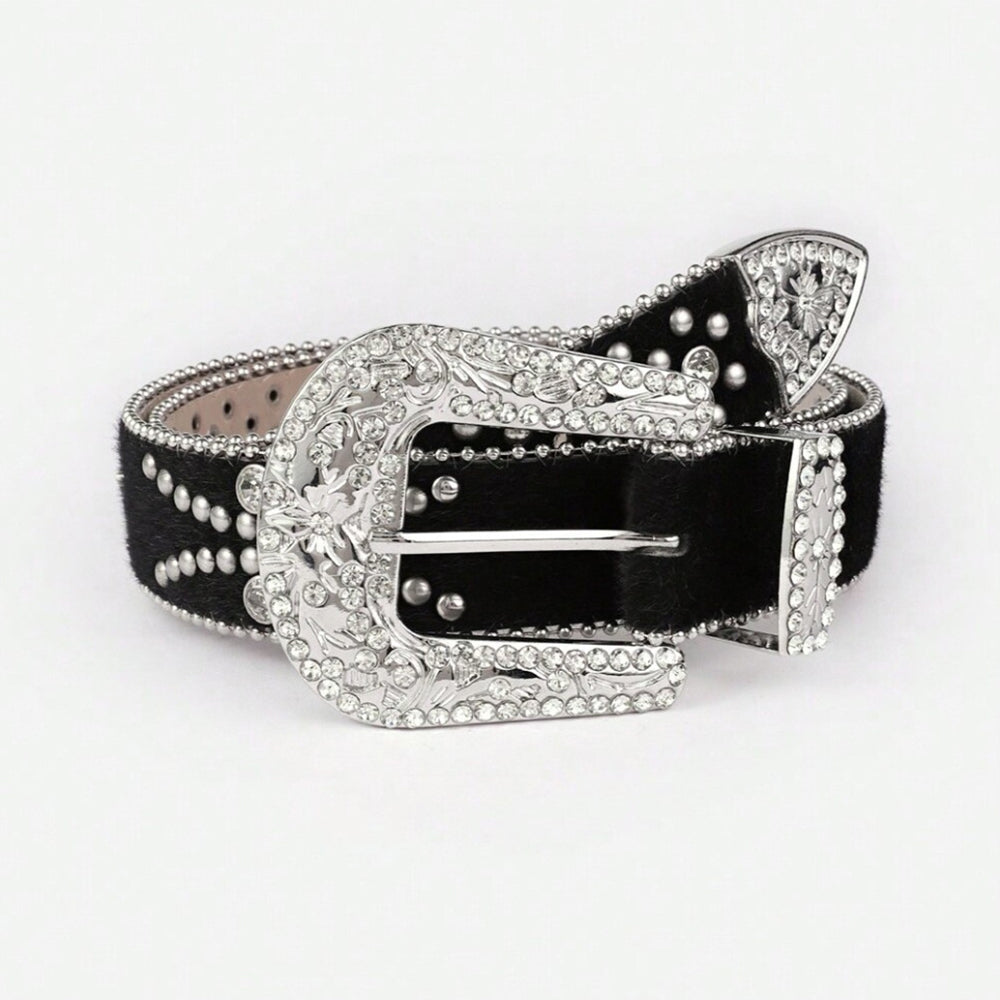 PU Leather Inlaid Rhinestone Belt-BELTS-[Adult]-[Female]-2022 Online Blue Zone Planet