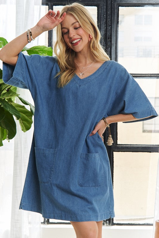 ADORA V-Neck Half Sleeve Mini Denim Dress-TOPS / DRESSES-[Adult]-[Female]-Peacock Blue-S-2022 Online Blue Zone Planet