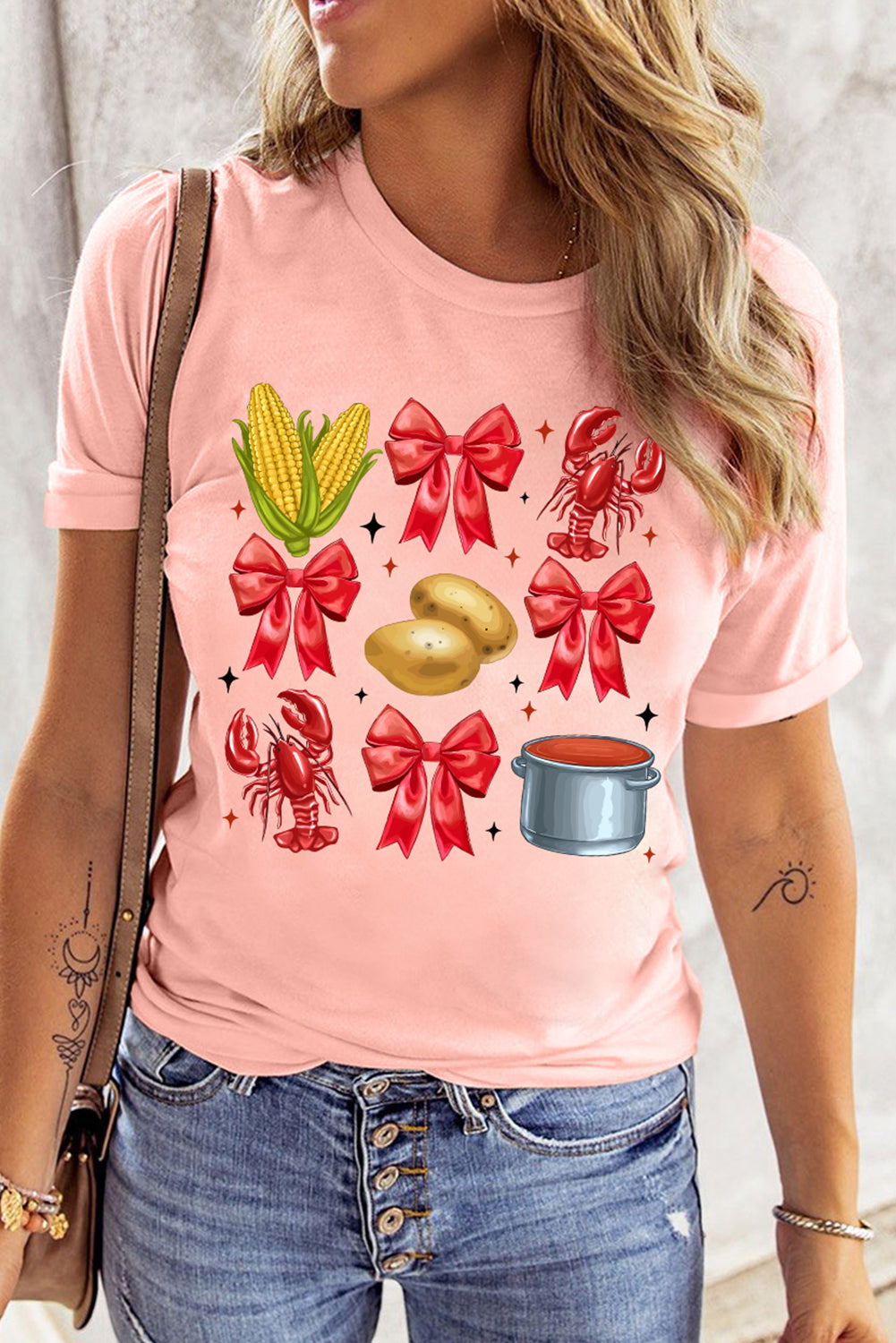 Pink Summer Food Bow Crawfish Printed T Shirt-Graphic/Graphic Tees-[Adult]-[Female]-2022 Online Blue Zone Planet