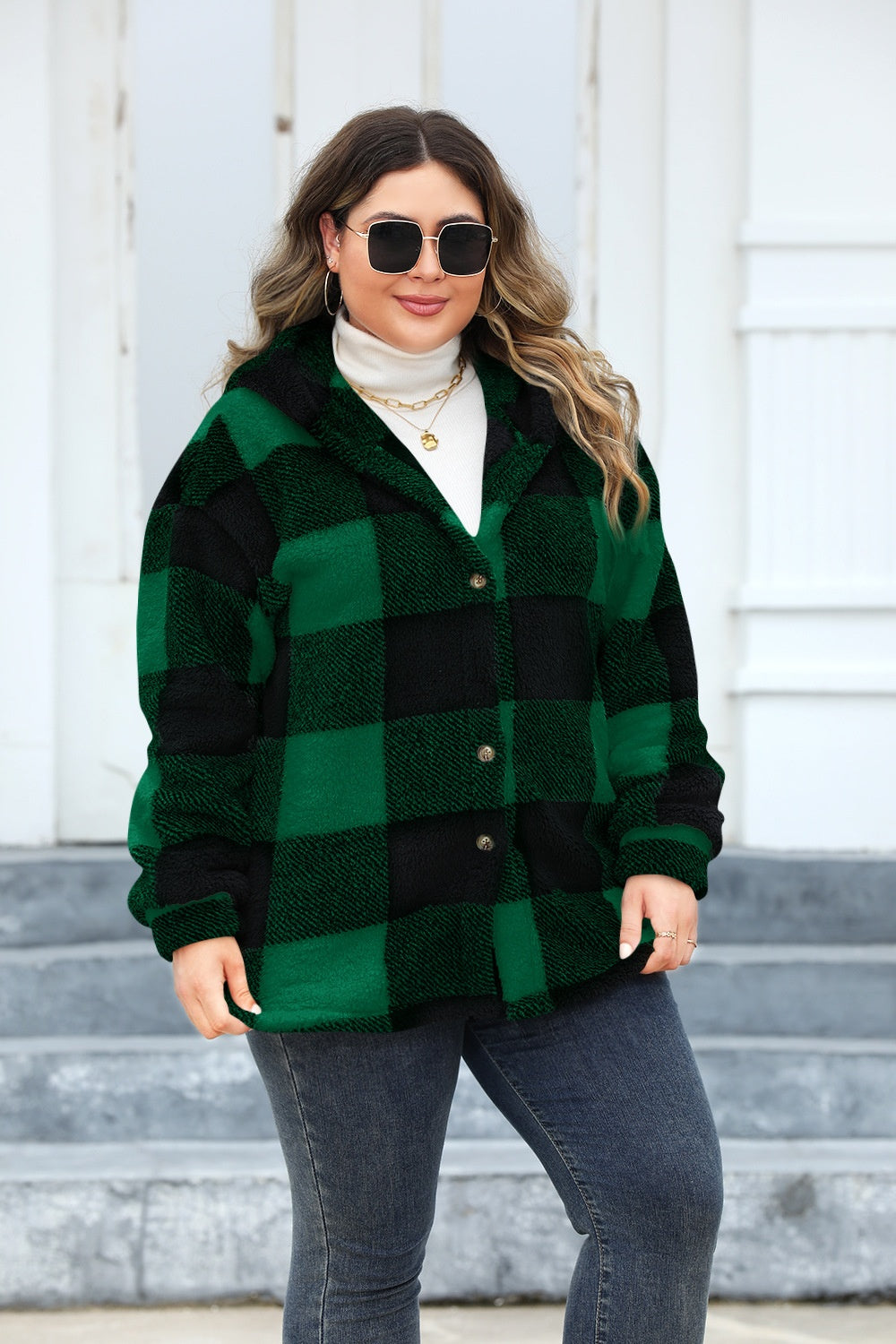 Plus Size Plaid Button Up Hooded Jacket-TOPS / DRESSES-[Adult]-[Female]-2022 Online Blue Zone Planet