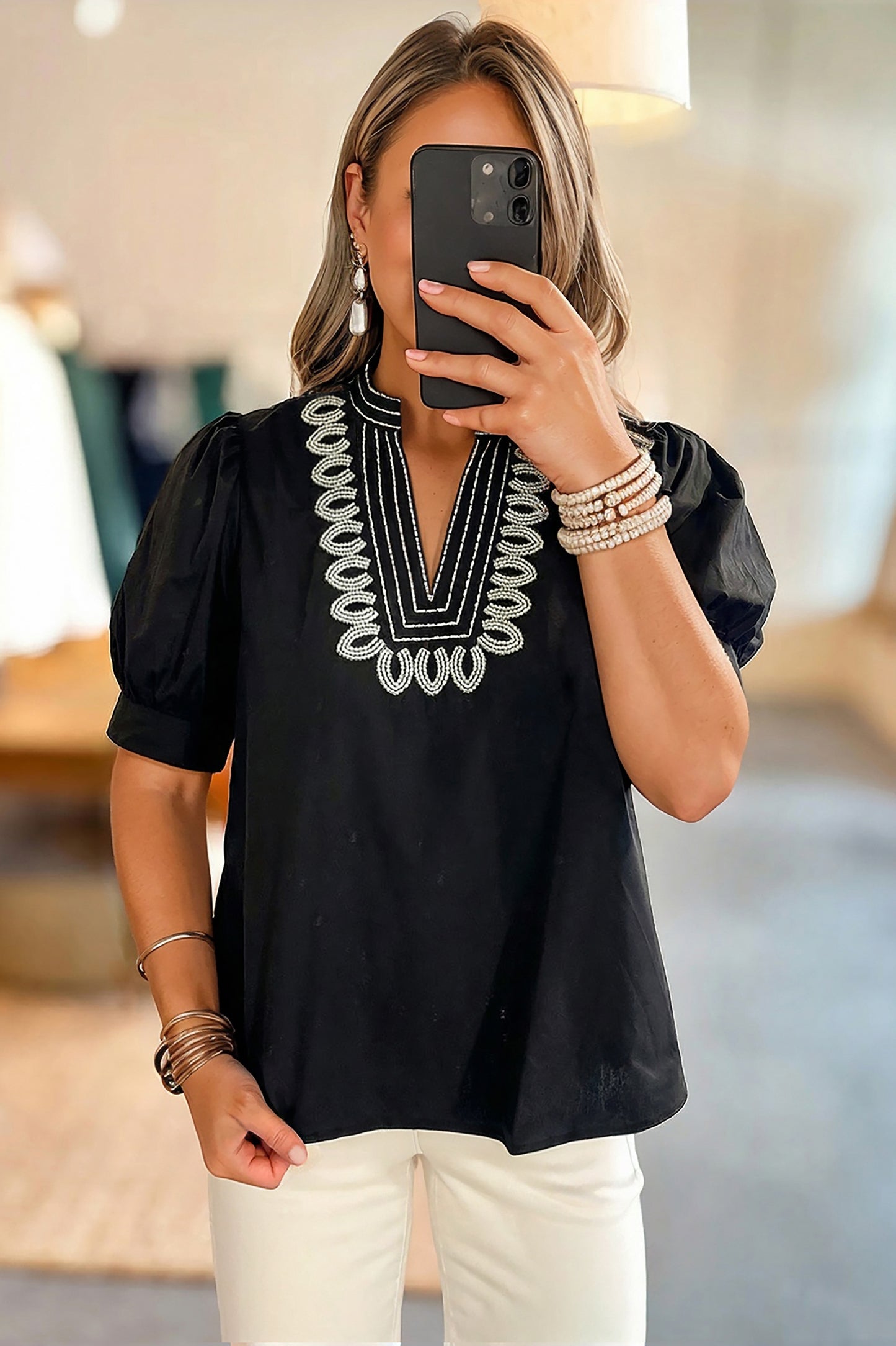 Black Short Puff Sleeve Contrast Embroidered Detail V Neck Blouse-Tops/Blouses & Shirts-[Adult]-[Female]-2022 Online Blue Zone Planet