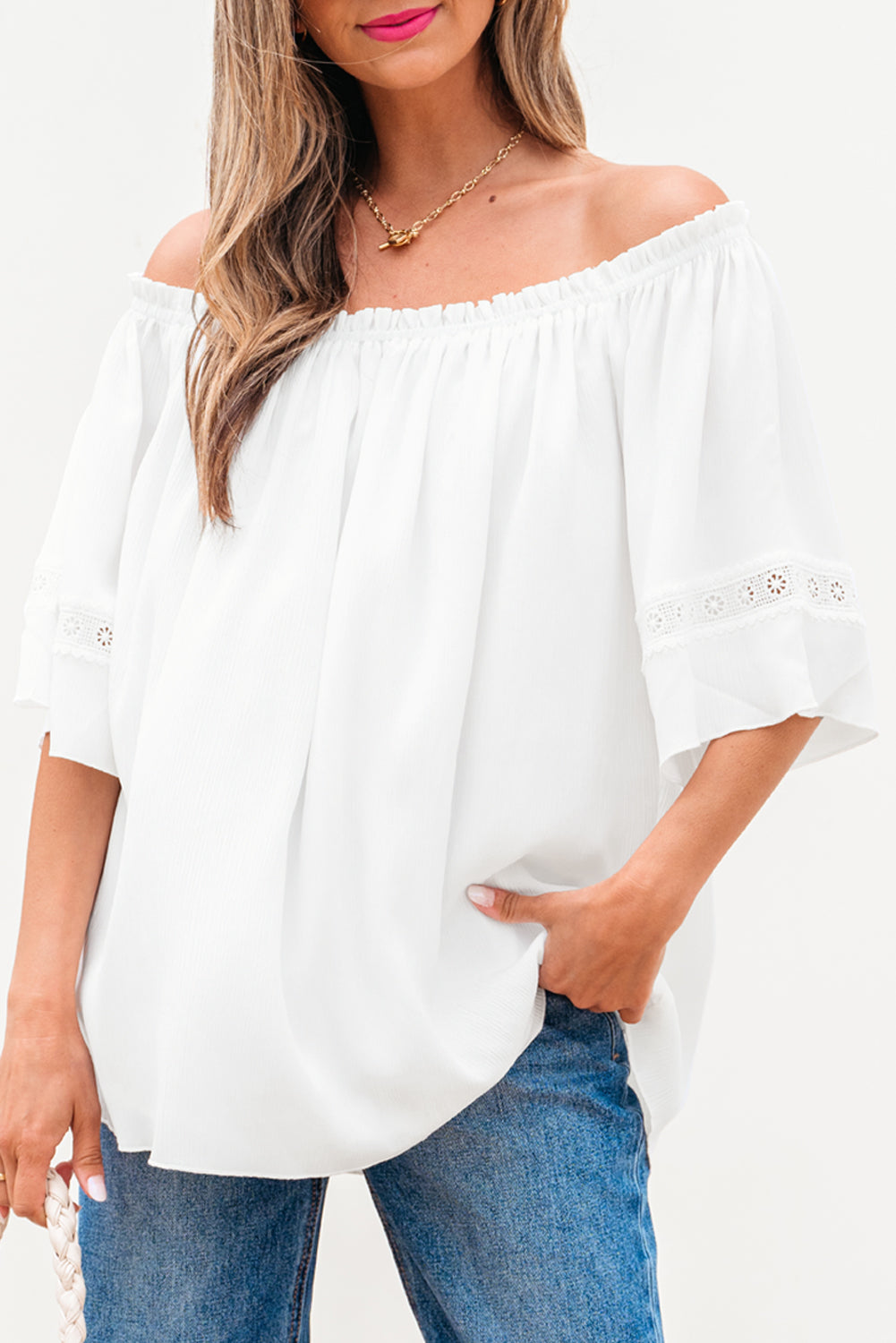 White Frilly Off Shoulder Lace Insert Sleeve Textured Blouse-Tops/Blouses & Shirts-[Adult]-[Female]-2022 Online Blue Zone Planet