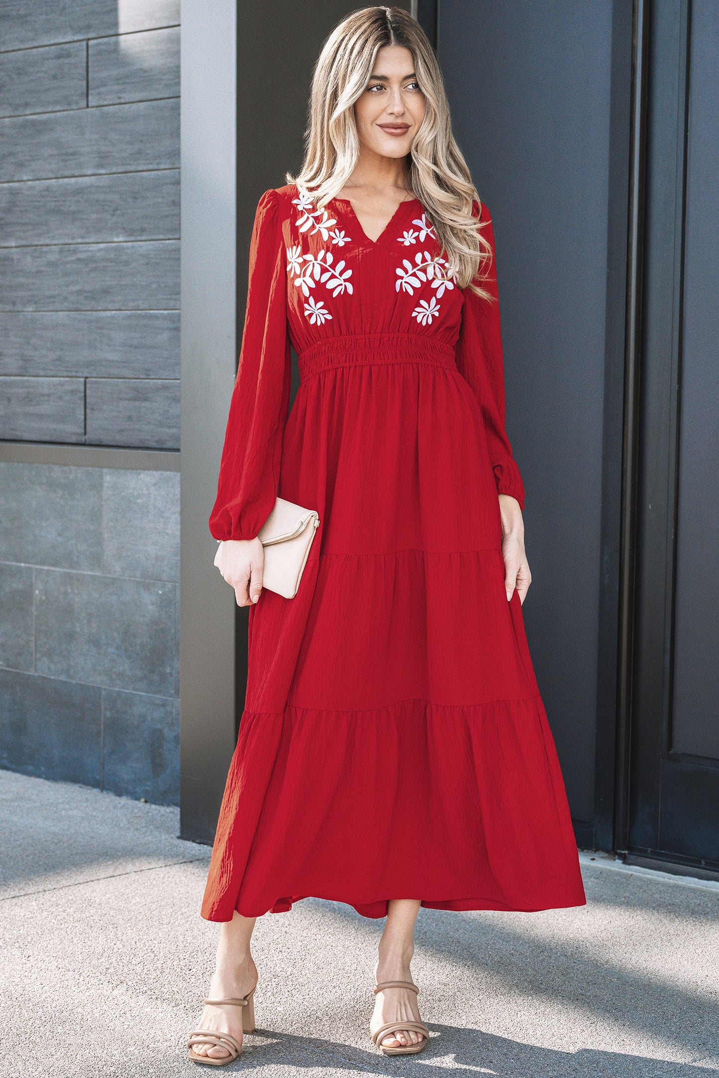 Racing Red Contrast Embroidered Detail Cinched Waist Tiered Long Sleeve Maxi Dress