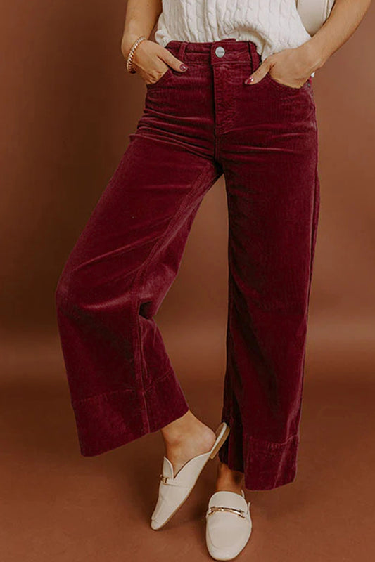 Burgundy Corduroy Solid Color High Waist Wide Leg Pants-Bottoms/Pants & Culotte-[Adult]-[Female]-2022 Online Blue Zone Planet