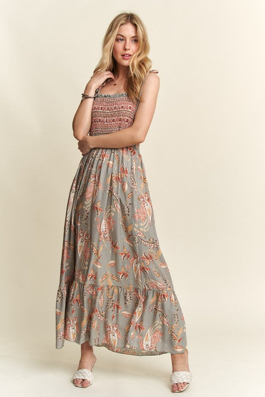 ADORA Smocked Printed Square Neck Tie Shoulder Cami Dress-TOPS / DRESSES-[Adult]-[Female]-2022 Online Blue Zone Planet