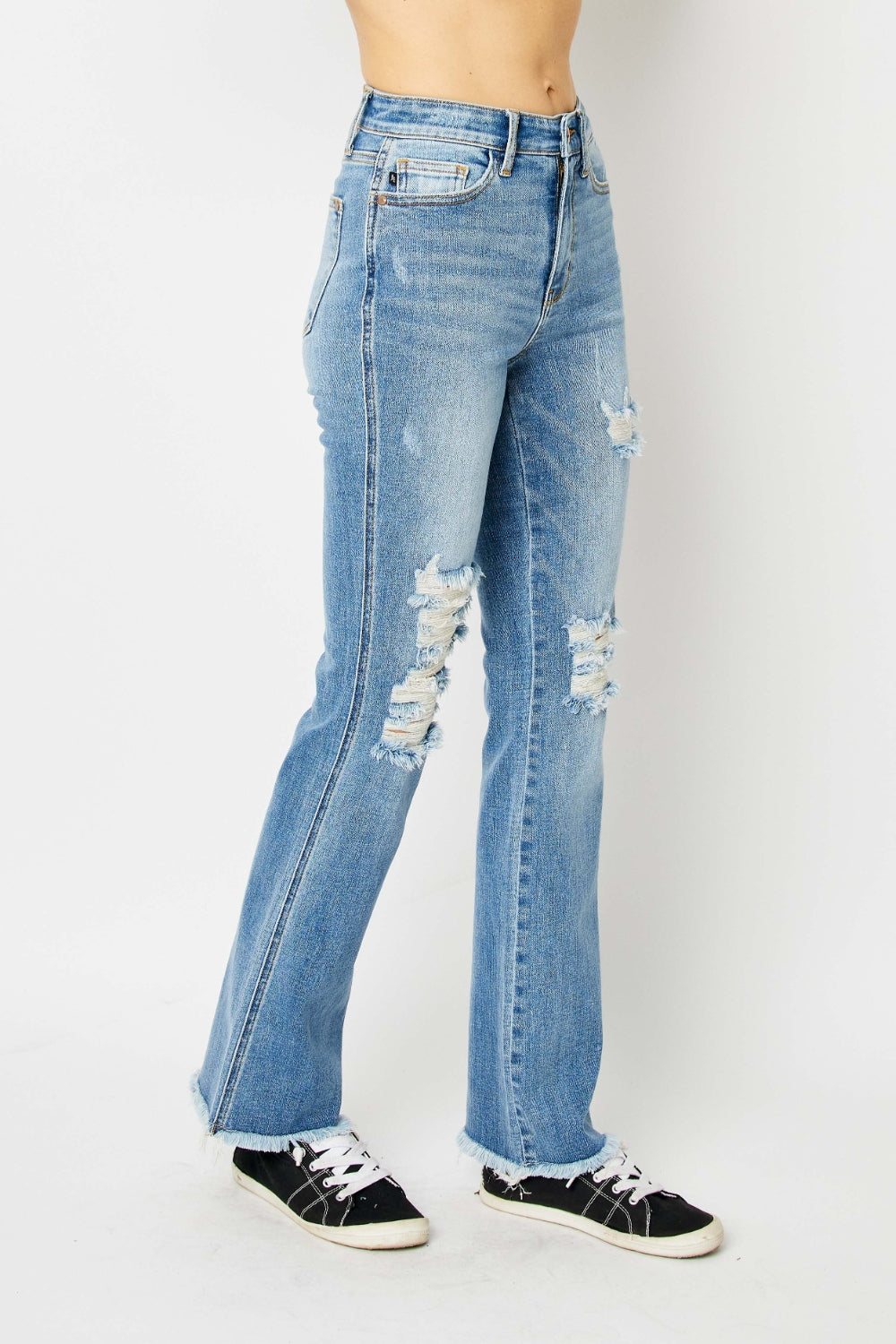 Judy Blue Full Size Distressed Raw Hem Bootcut Jeans-BOTTOM SIZES SMALL MEDIUM LARGE-[Adult]-[Female]-2022 Online Blue Zone Planet