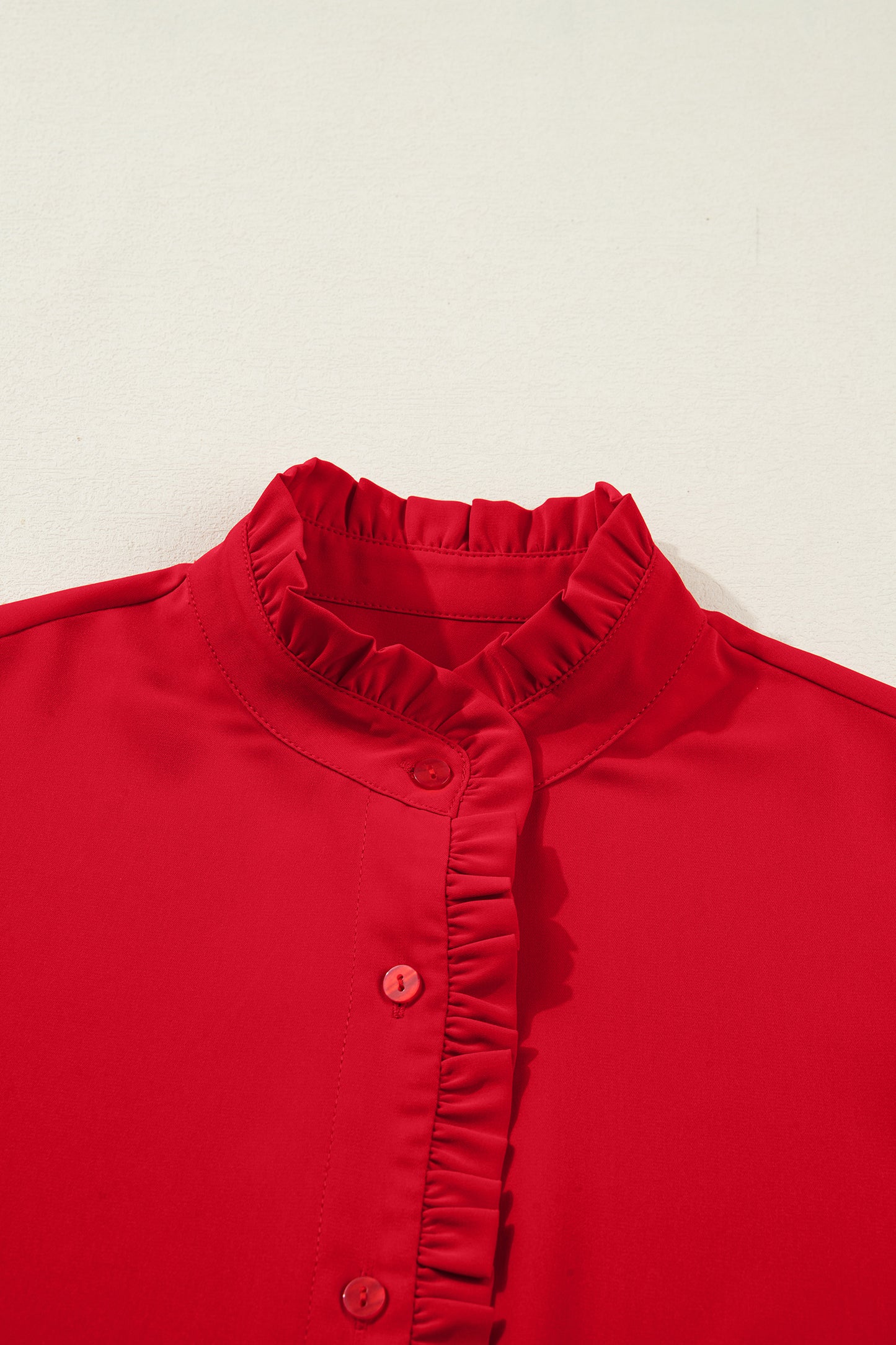 Fiery Red Frilled Trim Button Up Pleated Long Sleeve Shirt-Tops/Blouses & Shirts-[Adult]-[Female]-2022 Online Blue Zone Planet