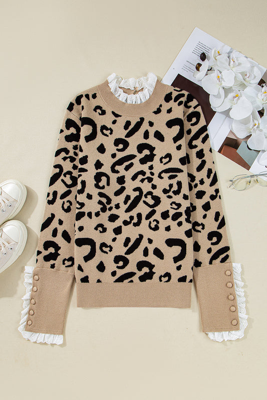 Brown Leopard Pattern Lace Ribbed Detail Button Cuffed Sweater-TOPS / DRESSES-[Adult]-[Female]-2022 Online Blue Zone Planet