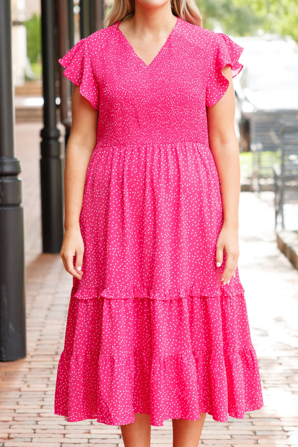 Rose Polka Dot Print Ruffled Smocked High Waist Plus Midi Dress-TOPS / DRESSES-[Adult]-[Female]-2022 Online Blue Zone Planet