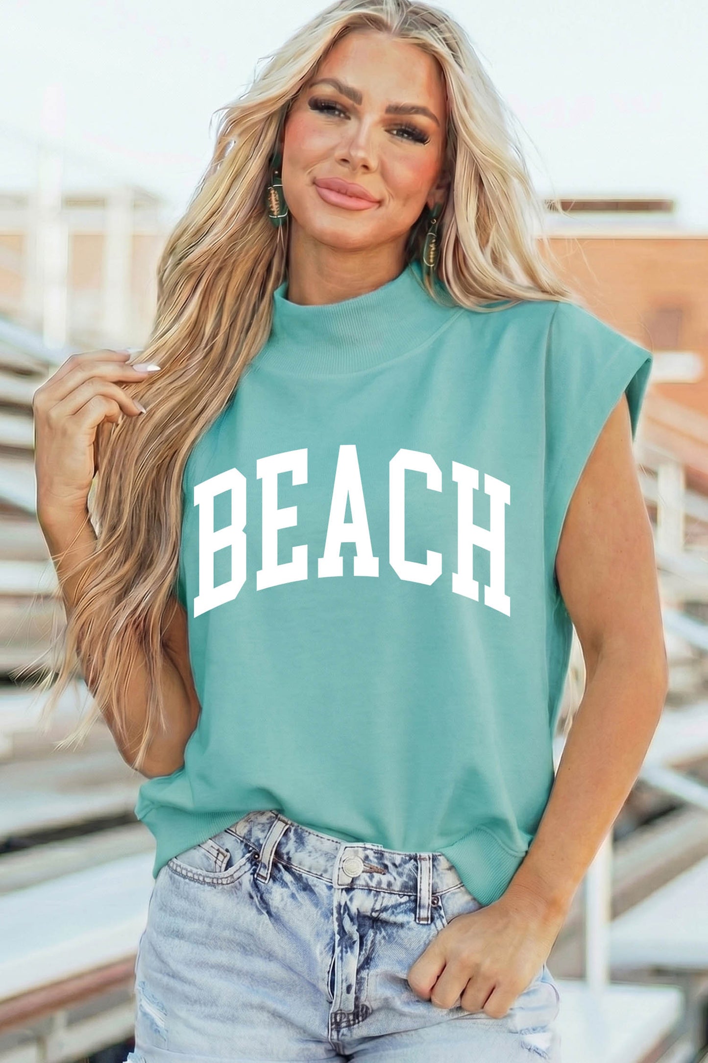 Mint Green High Neck Short Sleeve Beach Graphic Tee