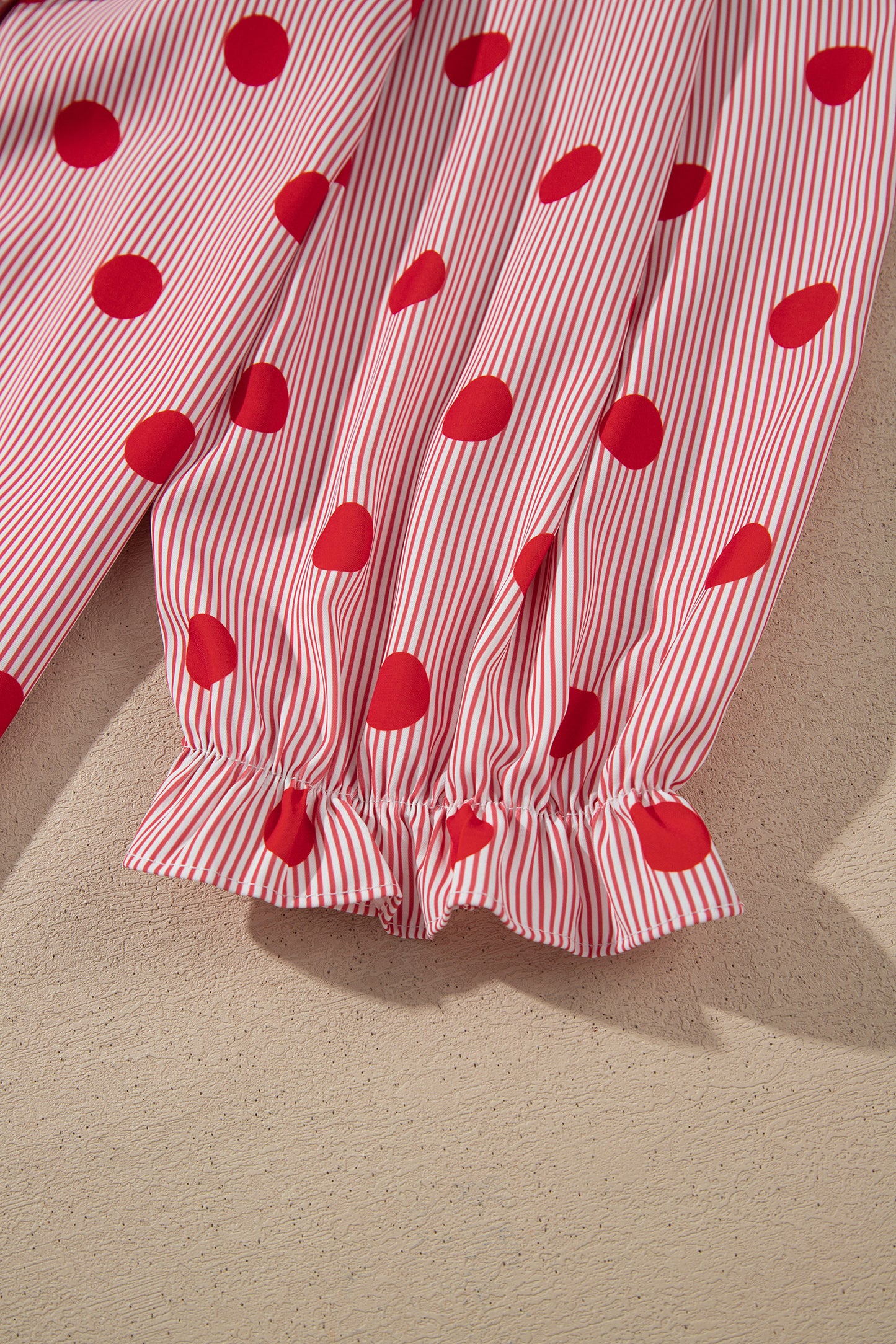 Fiery Red Polka Dot Striped Print Ruffle Stand Neck 3/4 Sleeve Shift Shirt-Tops/Blouses & Shirts-[Adult]-[Female]-2022 Online Blue Zone Planet