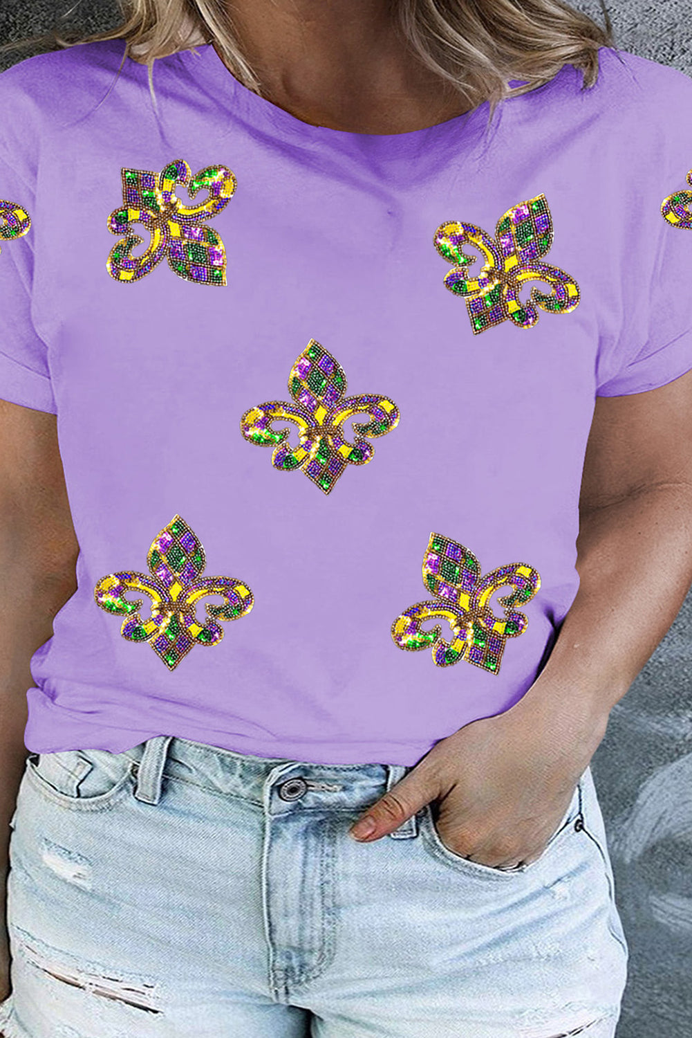 Orchid Petal Mardi Gras Fleur de Lis Patched Graphic Crewneck Plus Size Tee-Graphic/Graphic Plus Size-[Adult]-[Female]-Orchid Petal-1X-2022 Online Blue Zone Planet