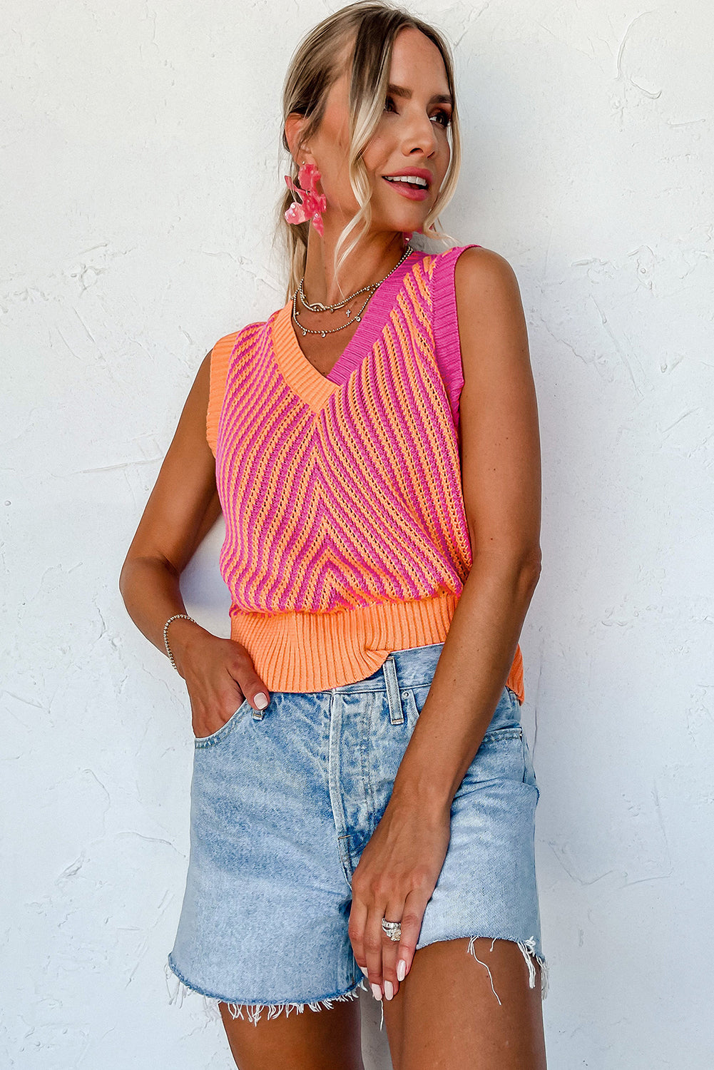 Light Pink Contrast Chevron Knit V Neck Sweater Vest-Sweaters & Cardigans/Sweater Vests-[Adult]-[Female]-2022 Online Blue Zone Planet
