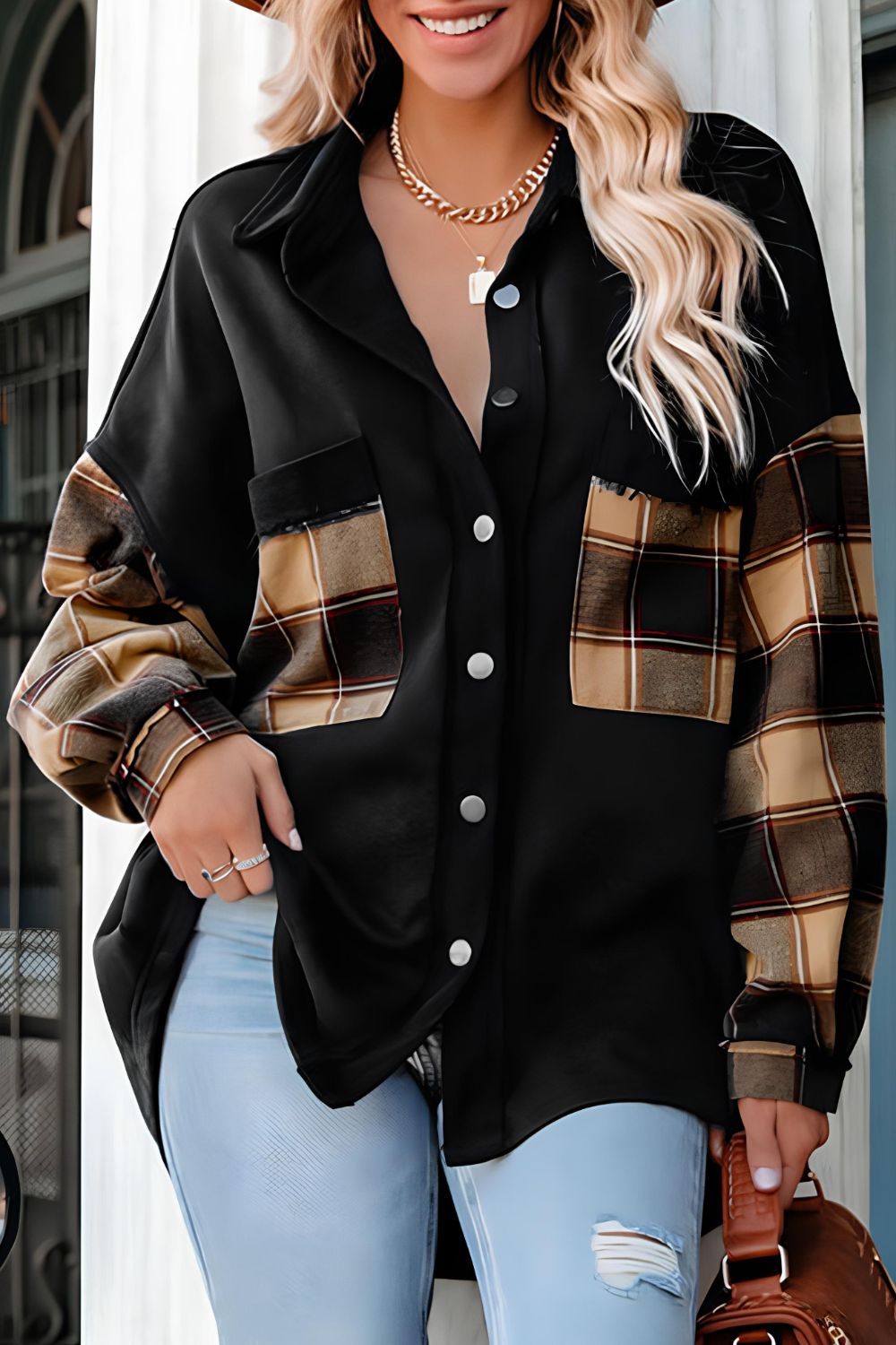 Blue Zone Planet | Plaid Button Up Shacket with Chest Pockets-TOPS / DRESSES-[Adult]-[Female]-Black-S-2022 Online Blue Zone Planet