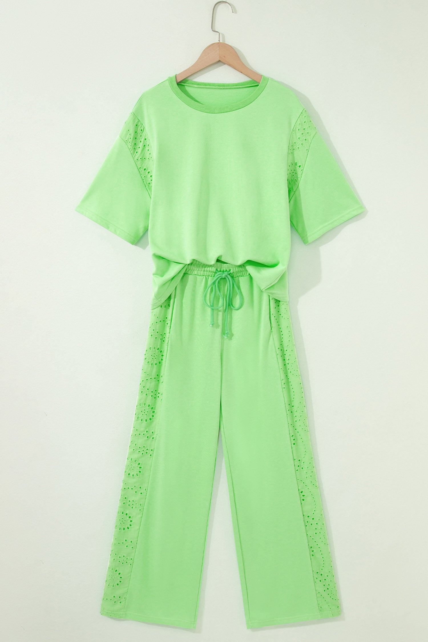 Light Green Lace Patchwork Half Sleeve Top Elastic Waist Pants Two Piece Set-Two Piece Sets/Pant Sets-[Adult]-[Female]-2022 Online Blue Zone Planet