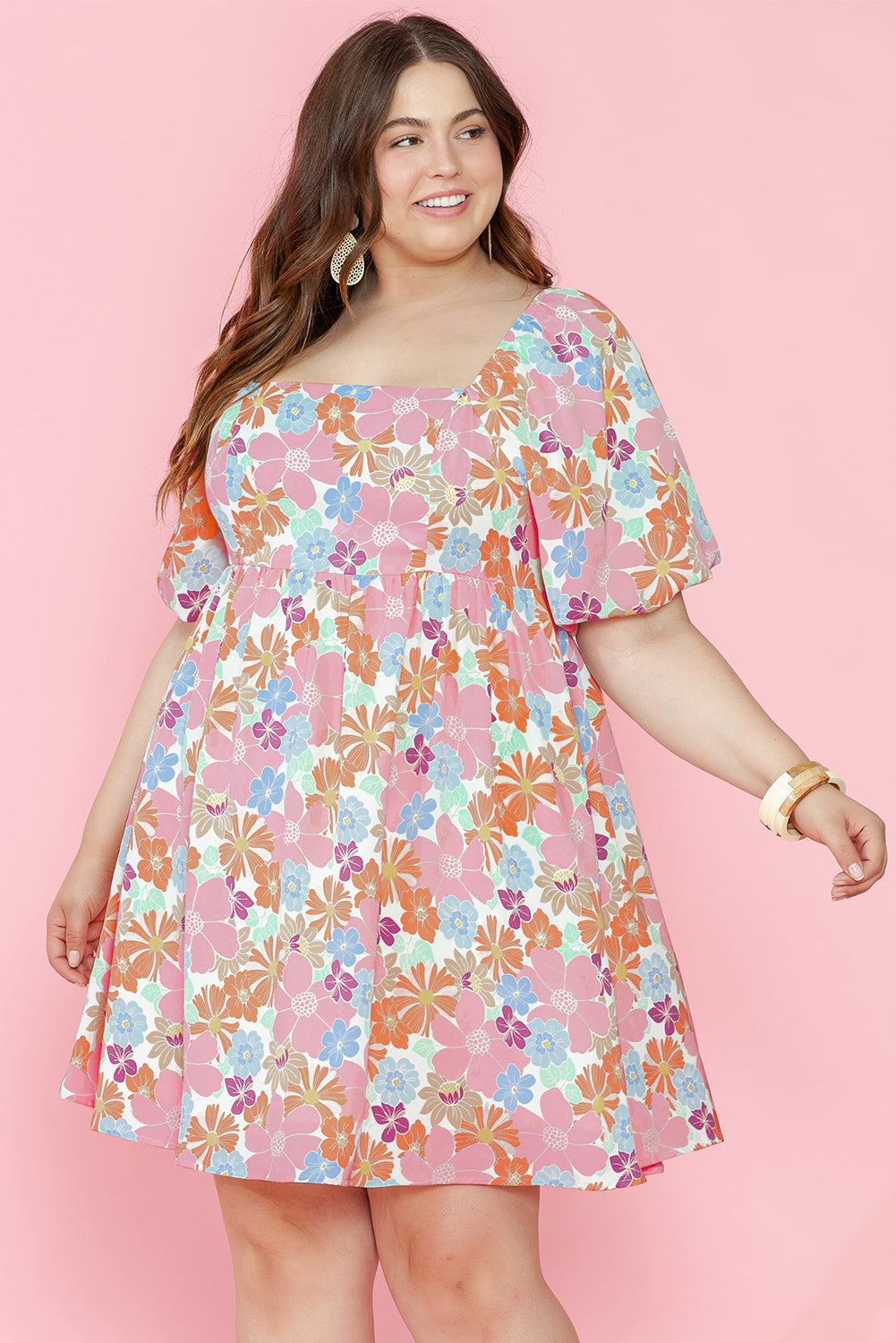 Blue Zone Planet | Multicolour Floral Puff Sleeve Square Neck Plus Babydoll Dress-TOPS / DRESSES-[Adult]-[Female]-2022 Online Blue Zone Planet