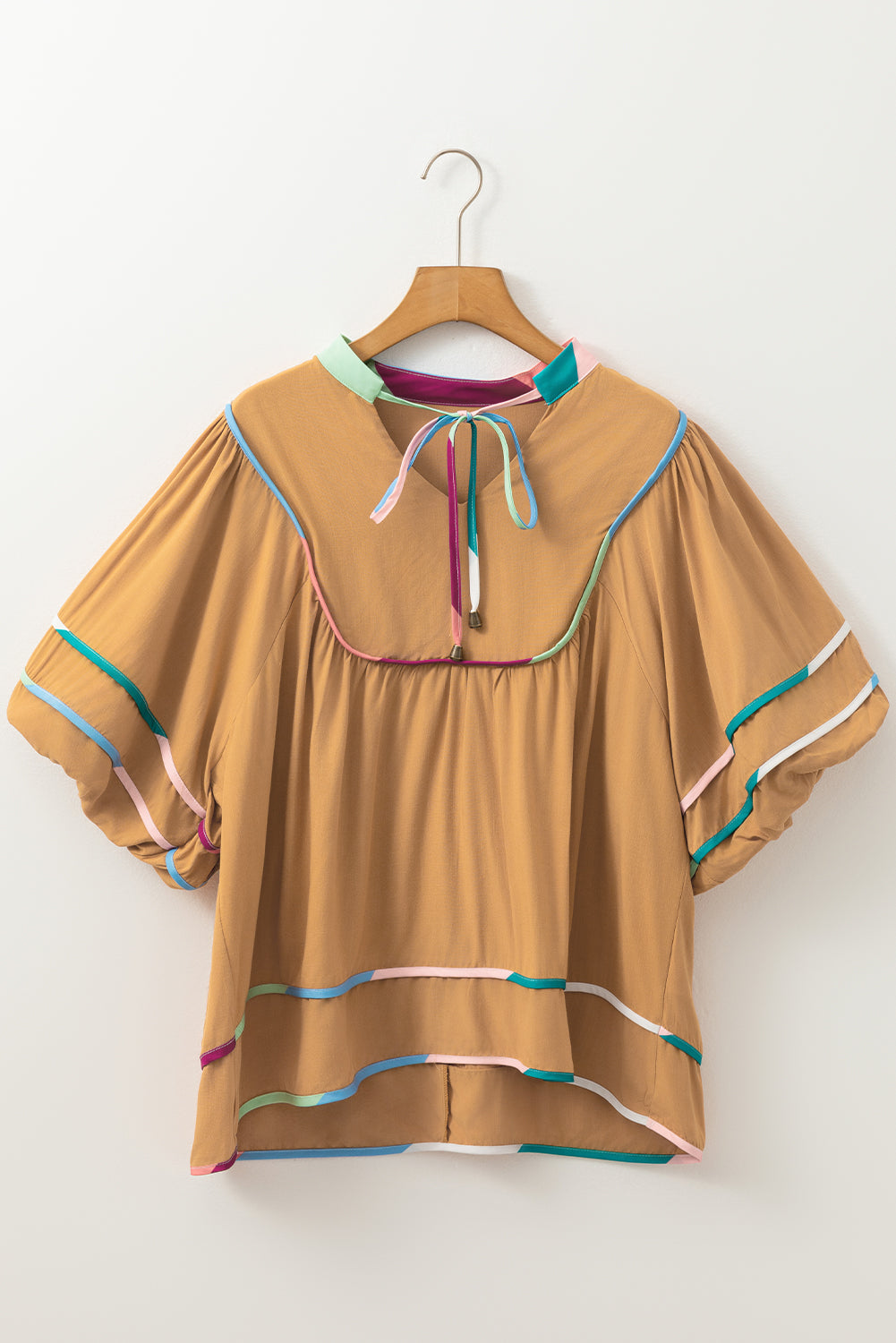 Blue Zone Planet | Thai Curry Colorful Trim Wide Short Sleeve V Neck Blouse-Tops/Blouses & Shirts-[Adult]-[Female]-2022 Online Blue Zone Planet