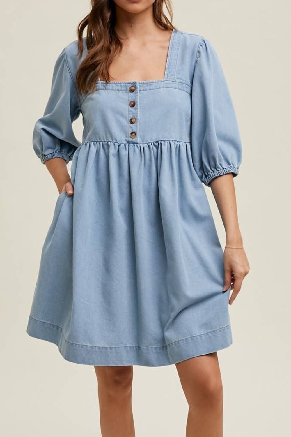 Square Neck Half Sleeve Denim Dress-TOPS / DRESSES-[Adult]-[Female]-2022 Online Blue Zone Planet