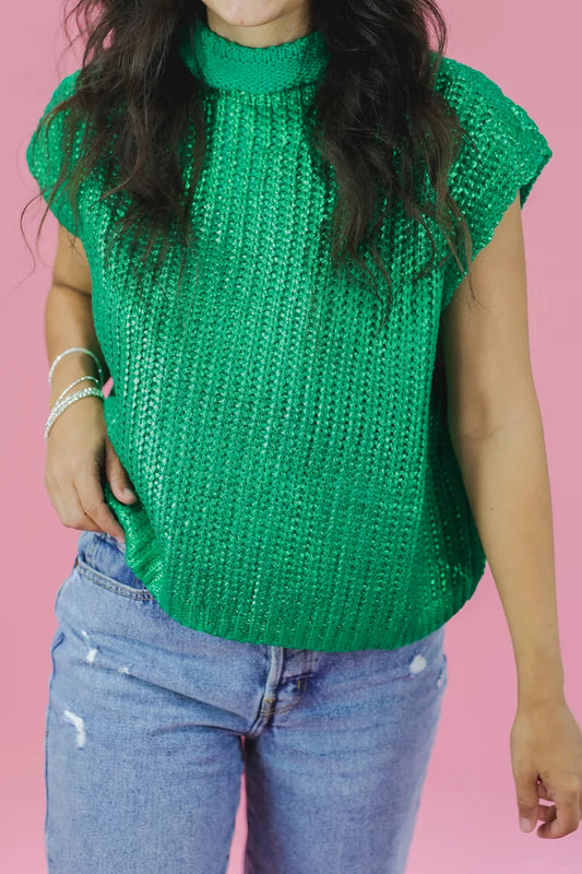 Bright Green Solid Color Knit High Neck Short Sleeve Sweater-Sweaters & Cardigans/Short Sleeve Sweaters-[Adult]-[Female]-Bright Green-S-2022 Online Blue Zone Planet