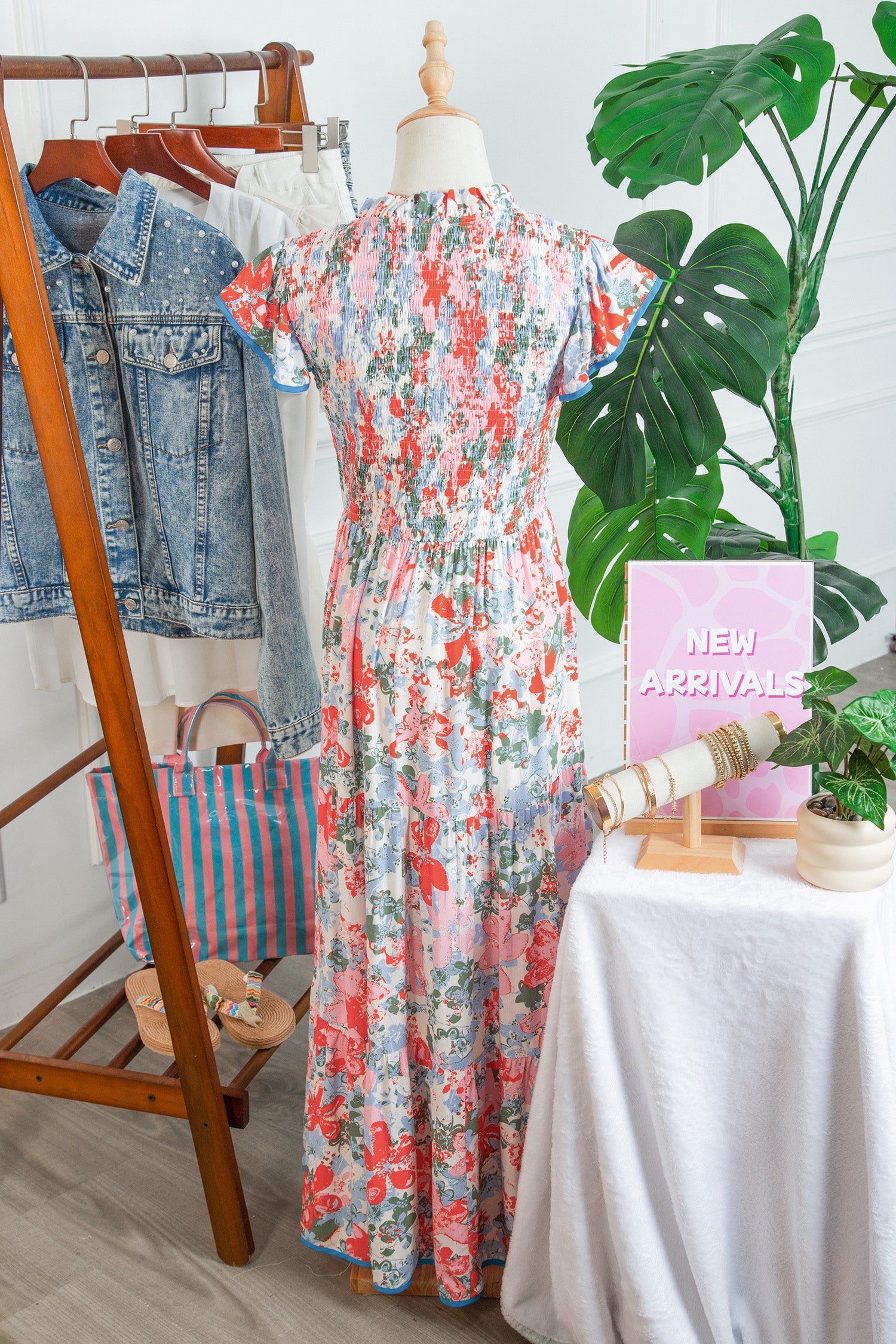 Apricot Floral Print V Neck Contrast Trim Flutter Sleeve Maxi Dress-TOPS / DRESSES-[Adult]-[Female]-2022 Online Blue Zone Planet