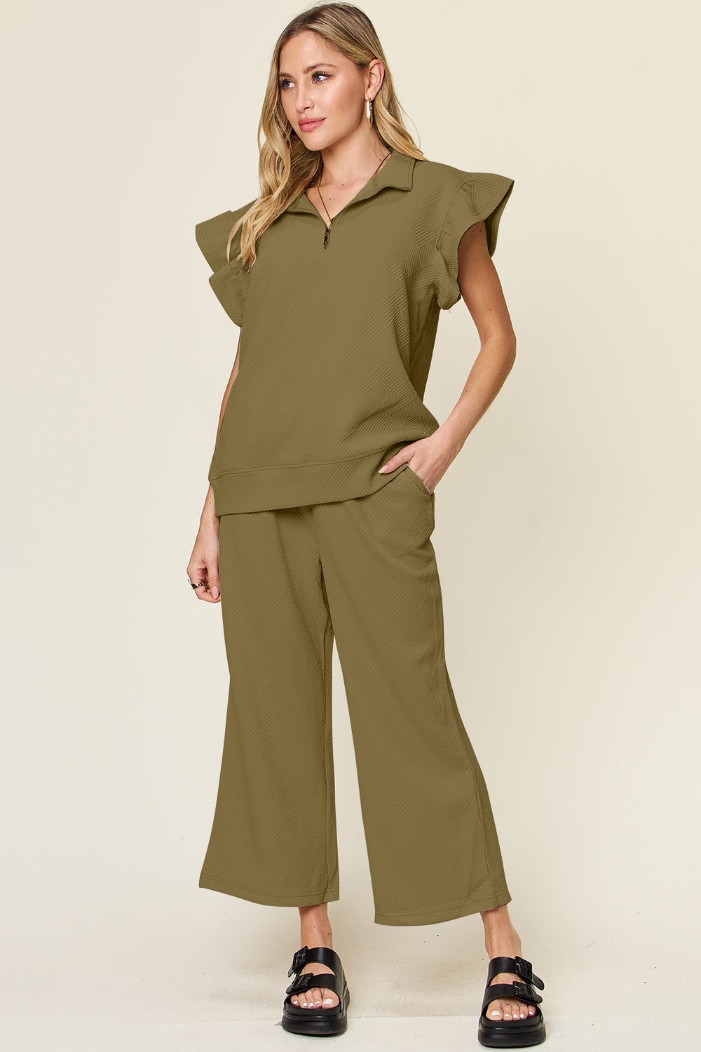 Blue Zone Planet | Double Take Texture Ruffle Short Sleeve Top and Drawstring Wide Leg Pants Set-TOPS / DRESSES-[Adult]-[Female]-Olive-S-2022 Online Blue Zone Planet