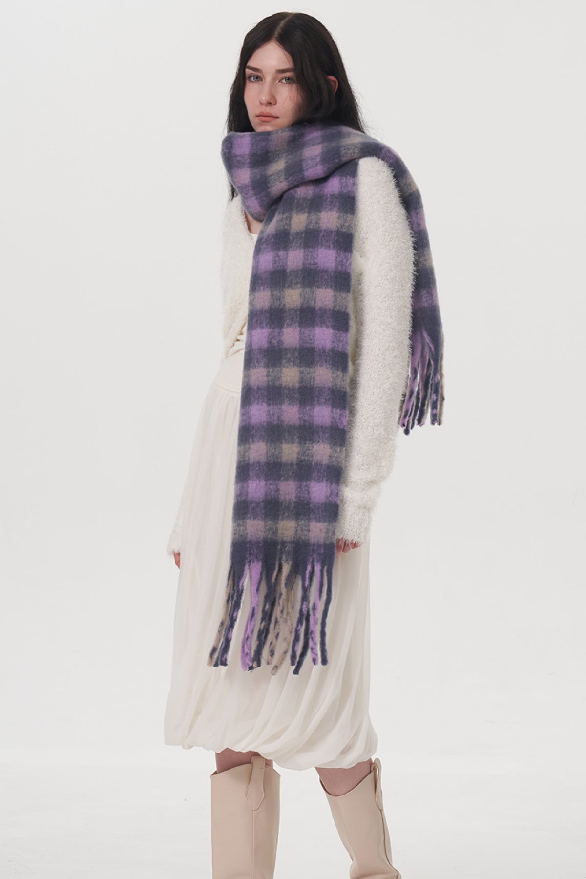 Fringe Plaid Polyester Scarf-SCARVES-[Adult]-[Female]-Lilac-One Size-2022 Online Blue Zone Planet