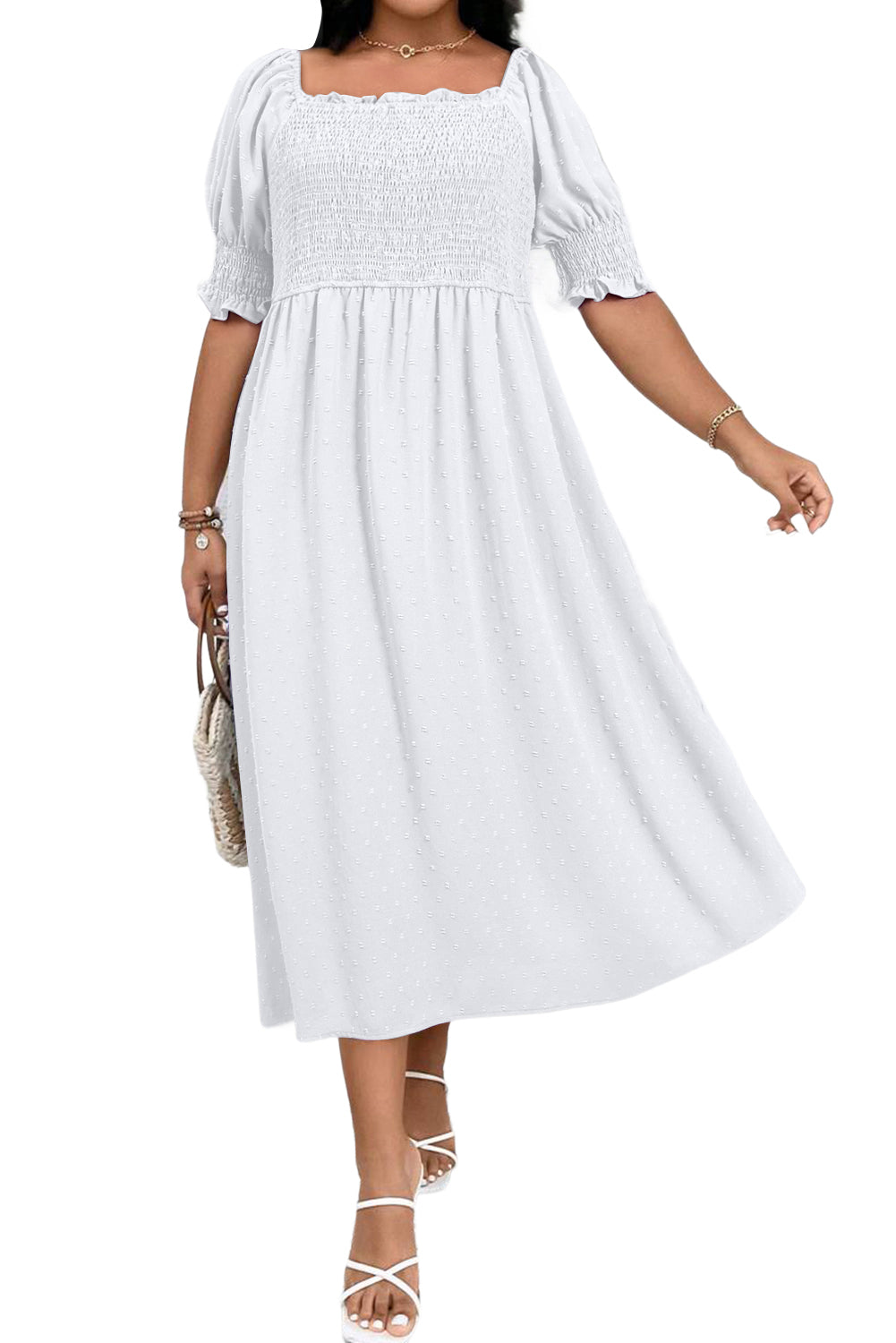 White Swiss Dot Smocked Frilled Neckline Short Sleeve Plus Size Dress-TOPS / DRESSES-[Adult]-[Female]-2022 Online Blue Zone Planet