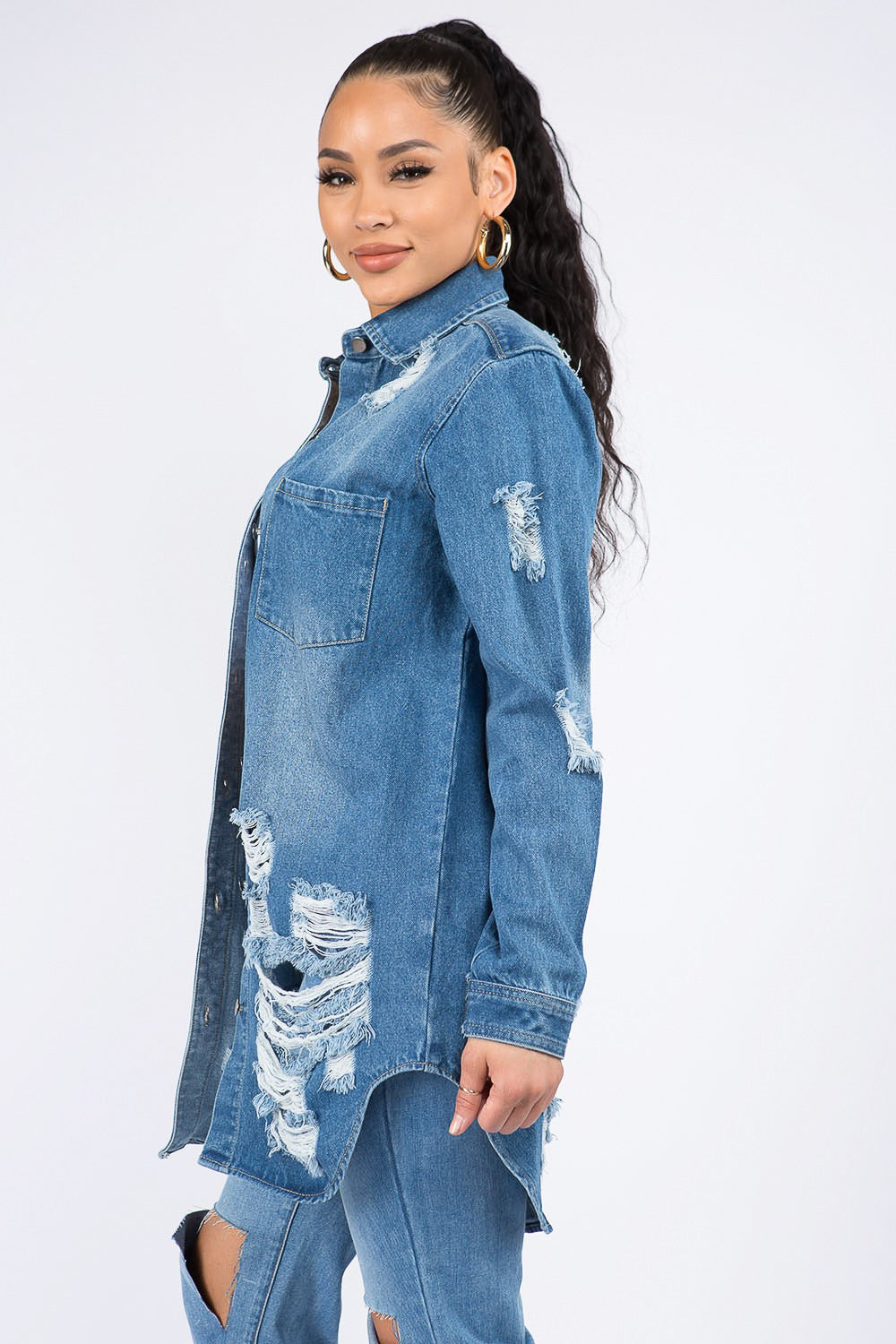 American Bazi Distressed Button Down Denim Shirt Jacket-TOPS / DRESSES-[Adult]-[Female]-2022 Online Blue Zone Planet