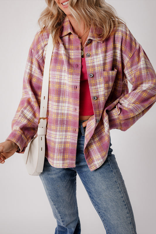 Pink Plaid Print Chest Pocket Long Sleeve Shacket-Outerwear/Plaid Shackets-[Adult]-[Female]-Pink-S-2022 Online Blue Zone Planet