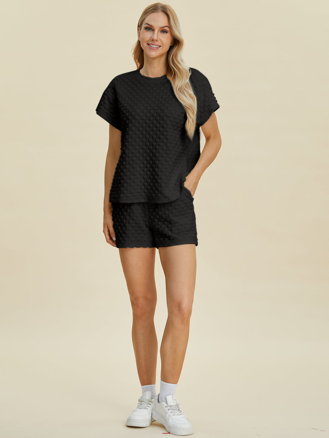 Double Take Full Size Texture T-Shirt and Shorts Set-TOPS / DRESSES-[Adult]-[Female]-2022 Online Blue Zone Planet