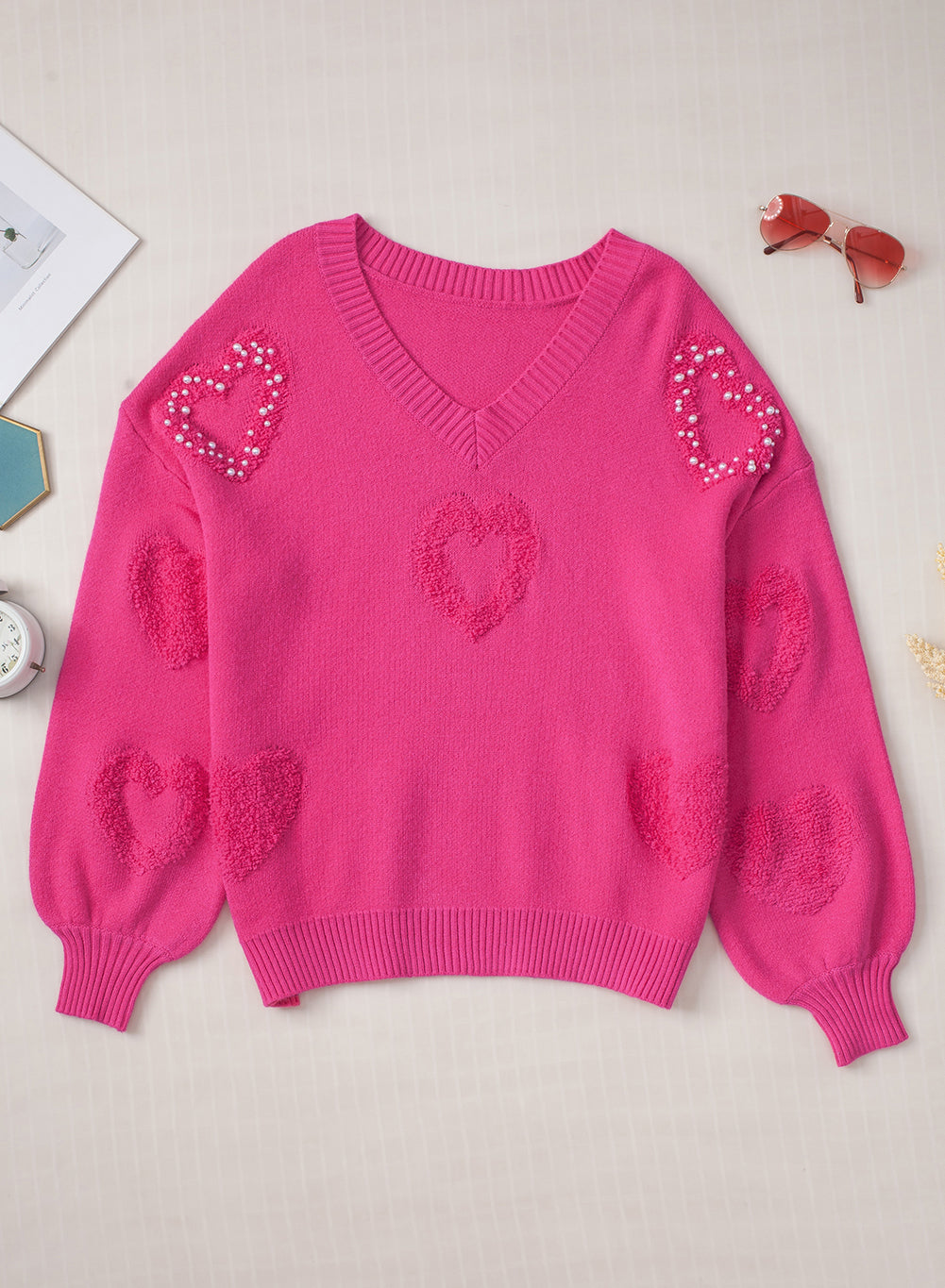 Pearl Trim Heart V-Neck Sweater-TOPS / DRESSES-[Adult]-[Female]-2022 Online Blue Zone Planet