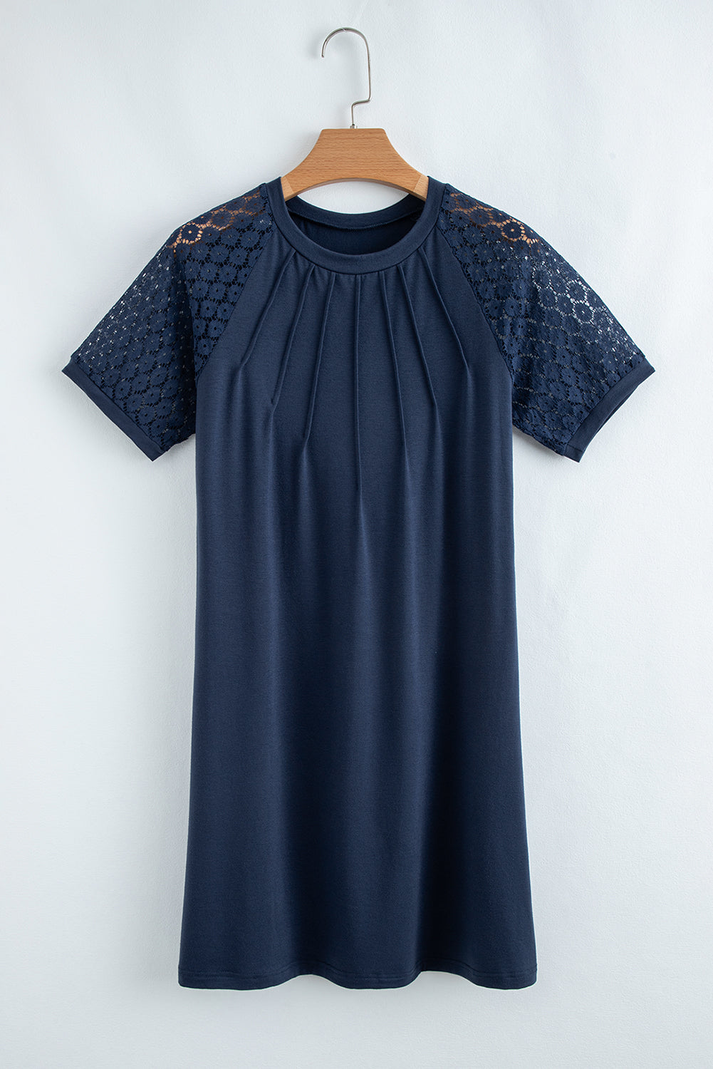 Navy Blue Contrast Lace Raglan Sleeve Pleated Detail Shift Dress-TOPS / DRESSES-[Adult]-[Female]-2022 Online Blue Zone Planet