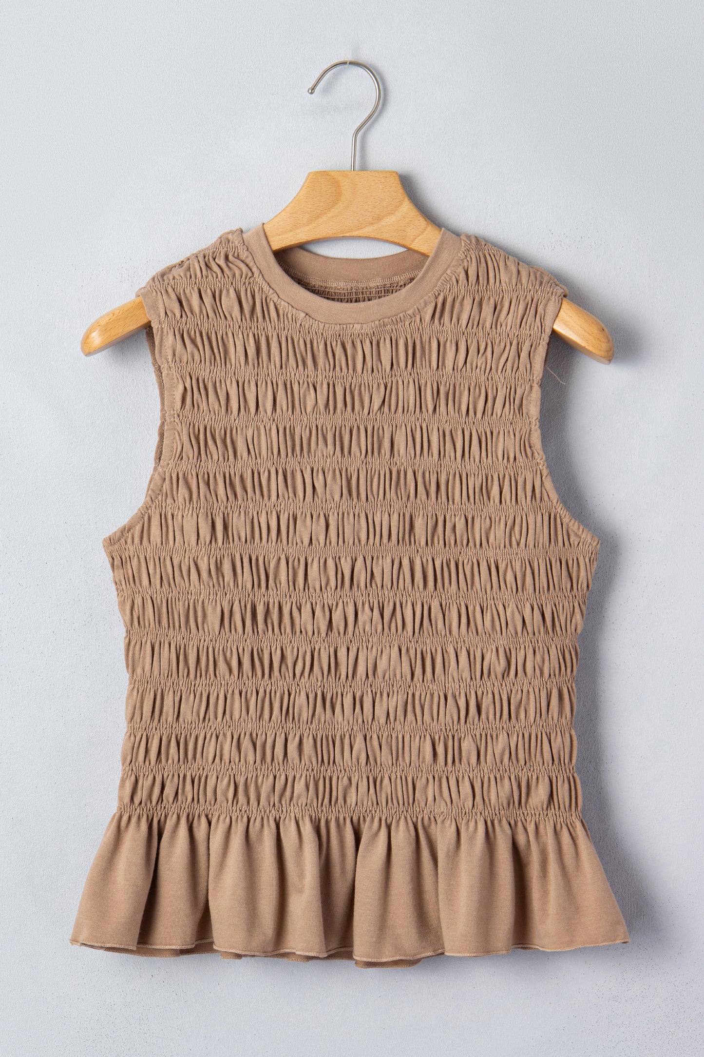 Smoke Gray Shirred Slim Fit Ruffle Hem Tank Top-Tops/Tank Tops-[Adult]-[Female]-2022 Online Blue Zone Planet