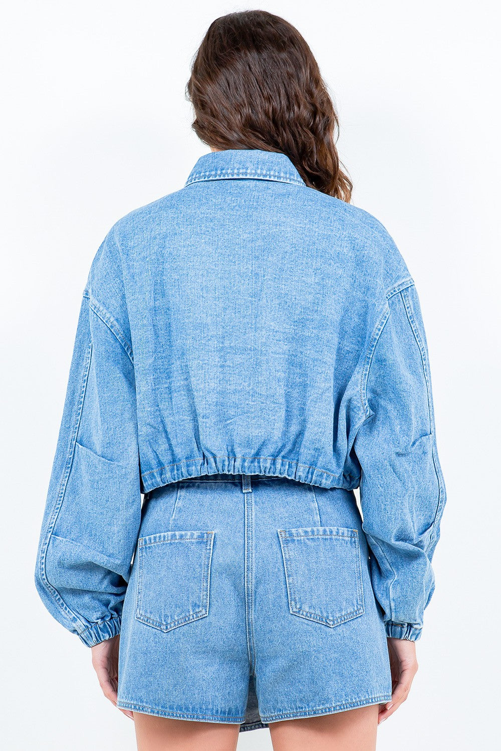 American Bazi Drawstring Waist Crop Denim Jacket-TOPS / DRESSES-[Adult]-[Female]-2022 Online Blue Zone Planet