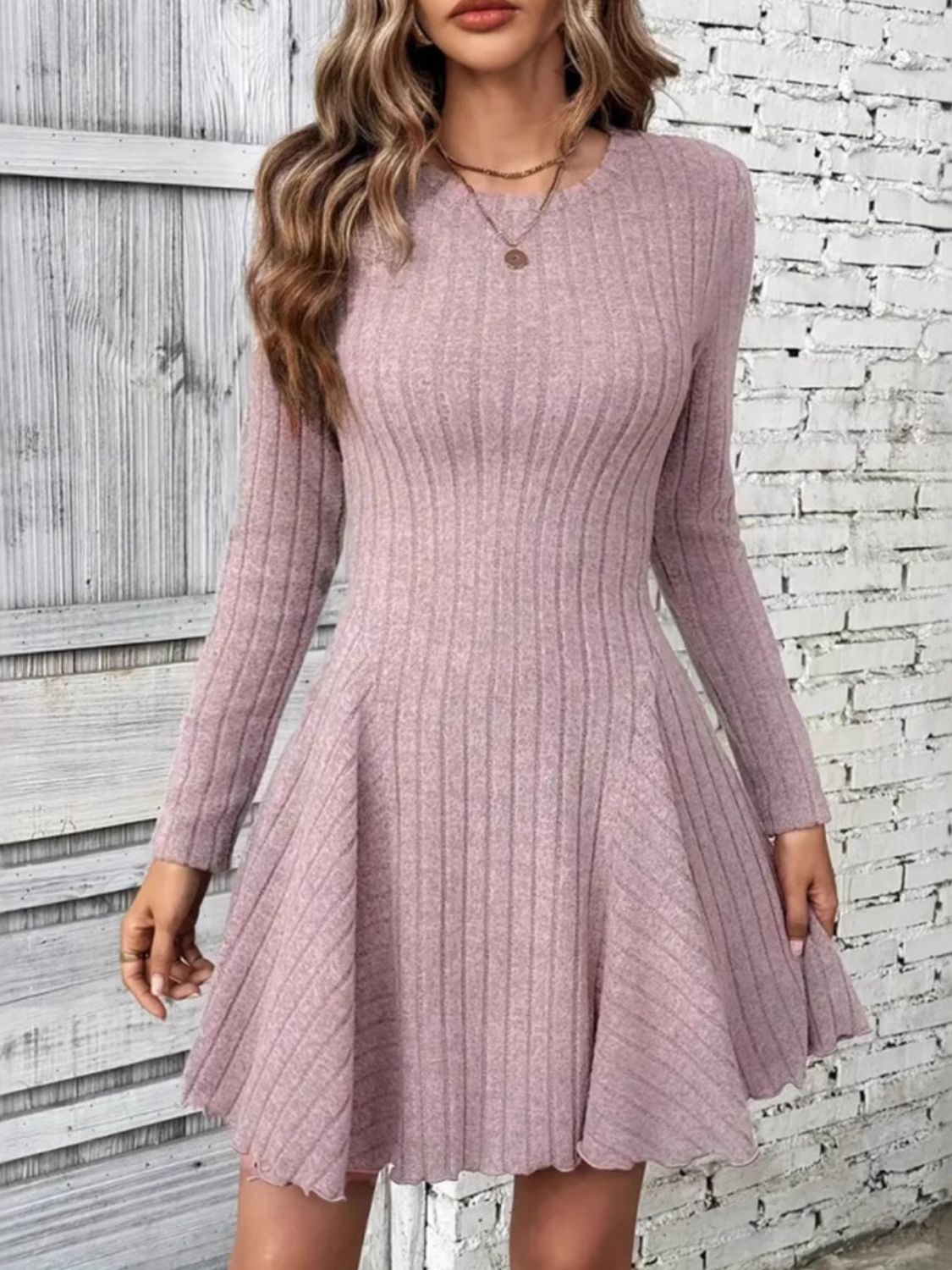 Ribbed Round Neck Long Sleeve Mini Dress-TOPS / DRESSES-[Adult]-[Female]-2022 Online Blue Zone Planet